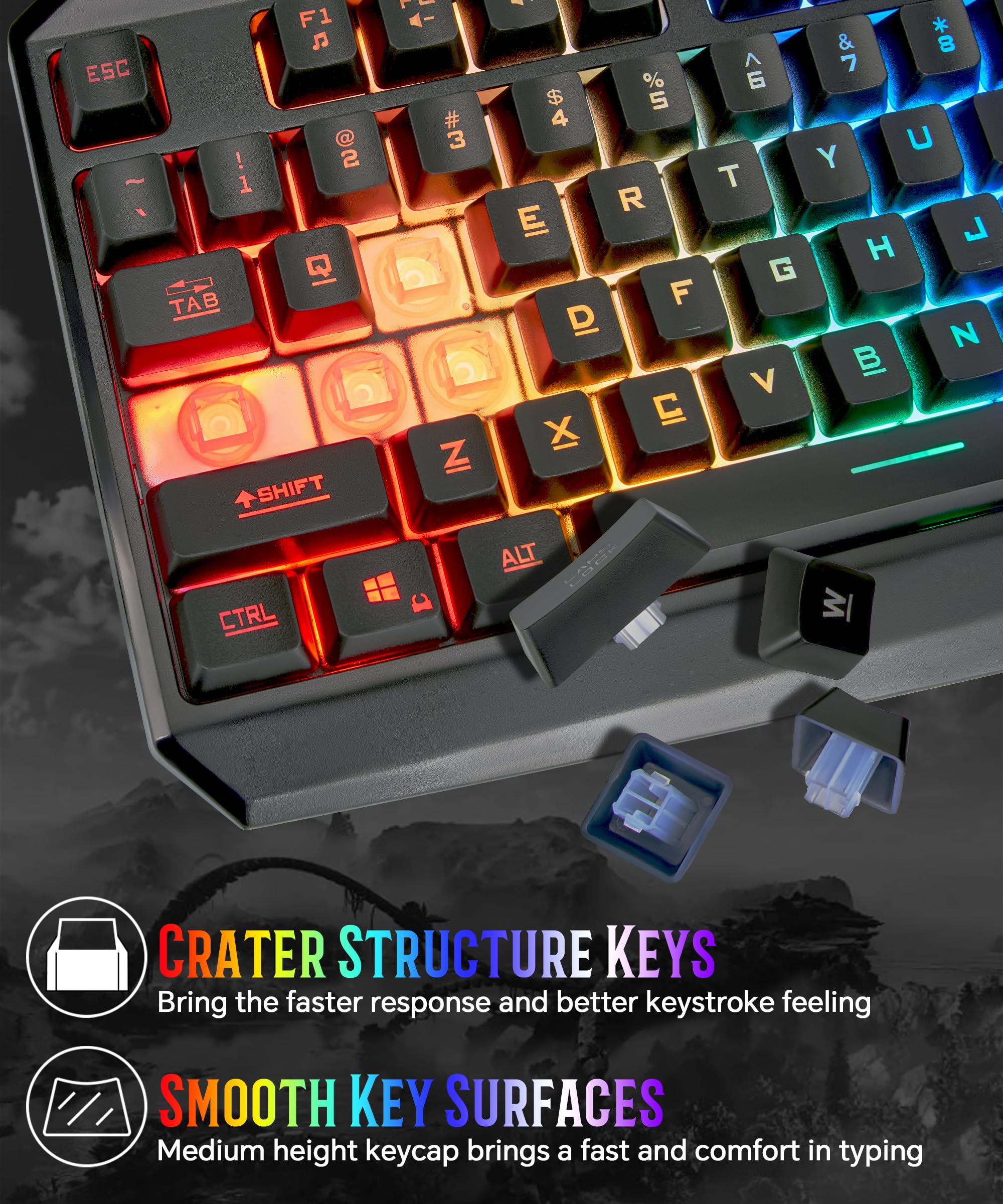 Tastiera da gioco cablata e mouse combinata con retroilluminazione a colori, 10 tasti dedicati, sensazione meccanica, silenziosa, anti-ghosting, tastiera del computer luminosa, mouse programmabili RGB