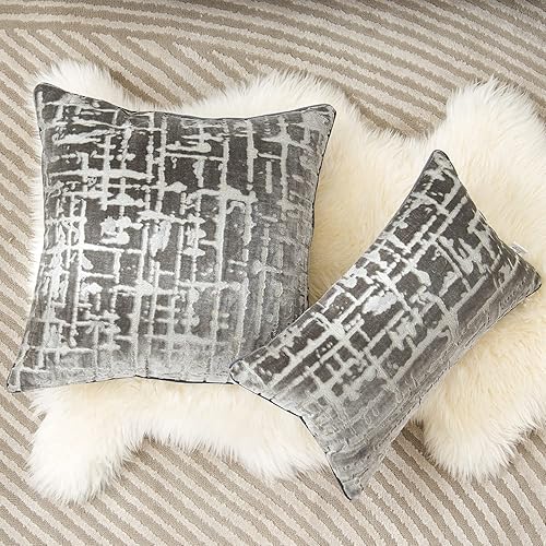 Miniatura 5 de Funda de cojín Alerfa, cuadrada de 18 x 18 pulgadas, a cuadros, a rayas, bordada, de terciopelo, funda de cojín de lujo moderna para sofá, sala de