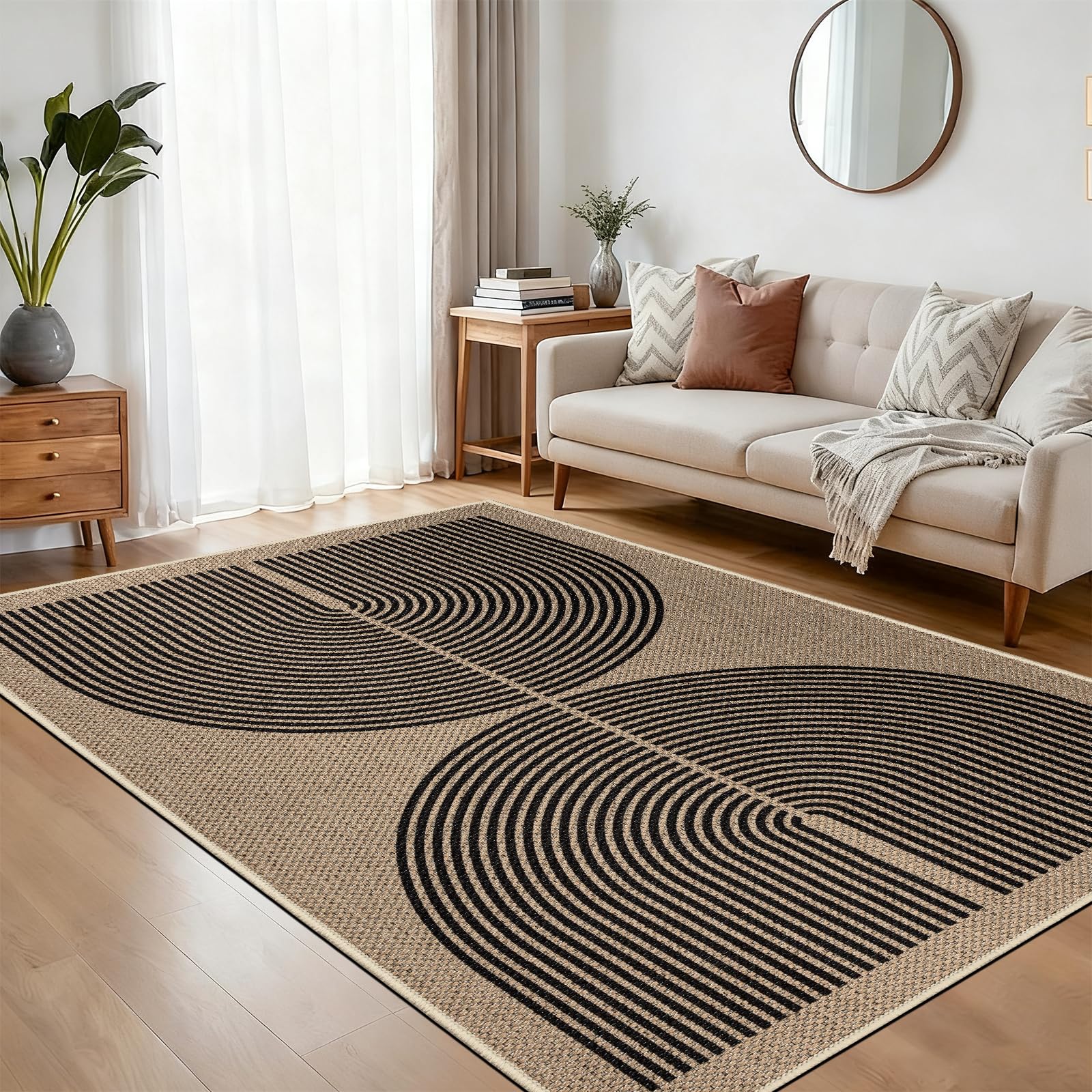 Capslpad Alfombra para salón, 160 x 230 cm, aspecto de yute, alfombra de cocina, lavable natural, alfombra negra, antideslizante, para dormitorio, balcón, entrada, comedor, oficina, decoración