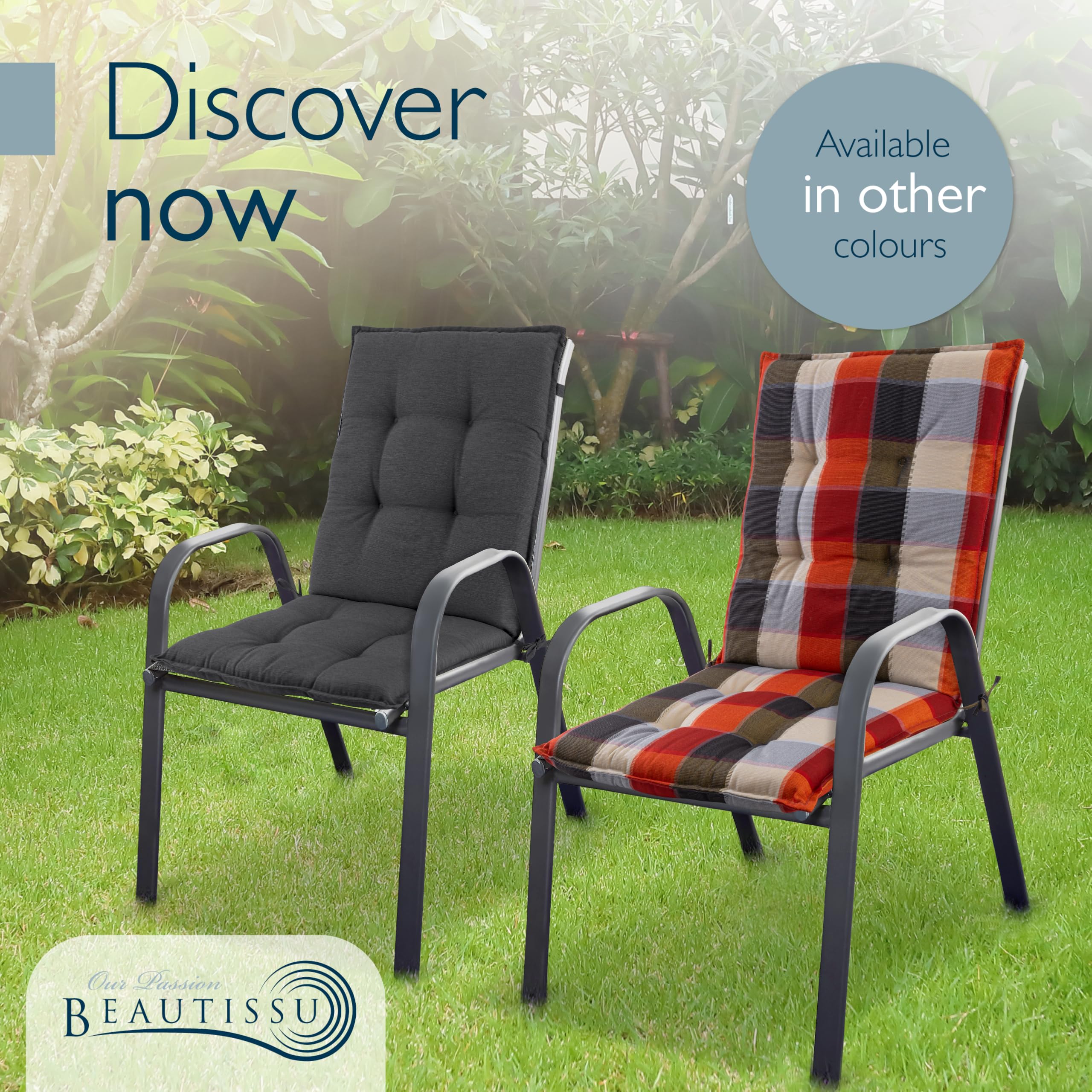 Beautissu Set of 6 Premium Outdoor Chair Cushion Low Back with Non-Slip, Orange Beige Chequered, 6 Cushions - Image 7