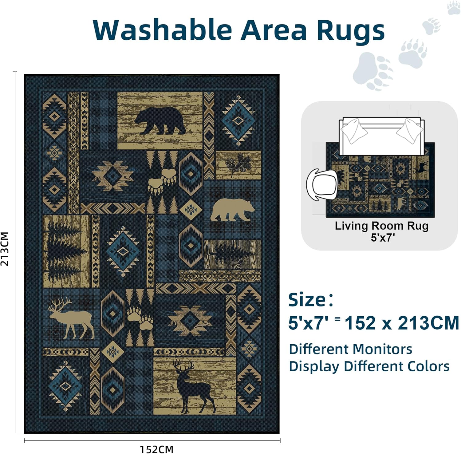 Rustic Cabin 5x7 Area Rugs, Machine Washable Upgrade Non-Slip Country Bear Rug Ultra-Thin Linen-Look Low Pile Print Pattern Western Deer Carpet for Living Room, Bedroom, Dining Room, Office, Blue