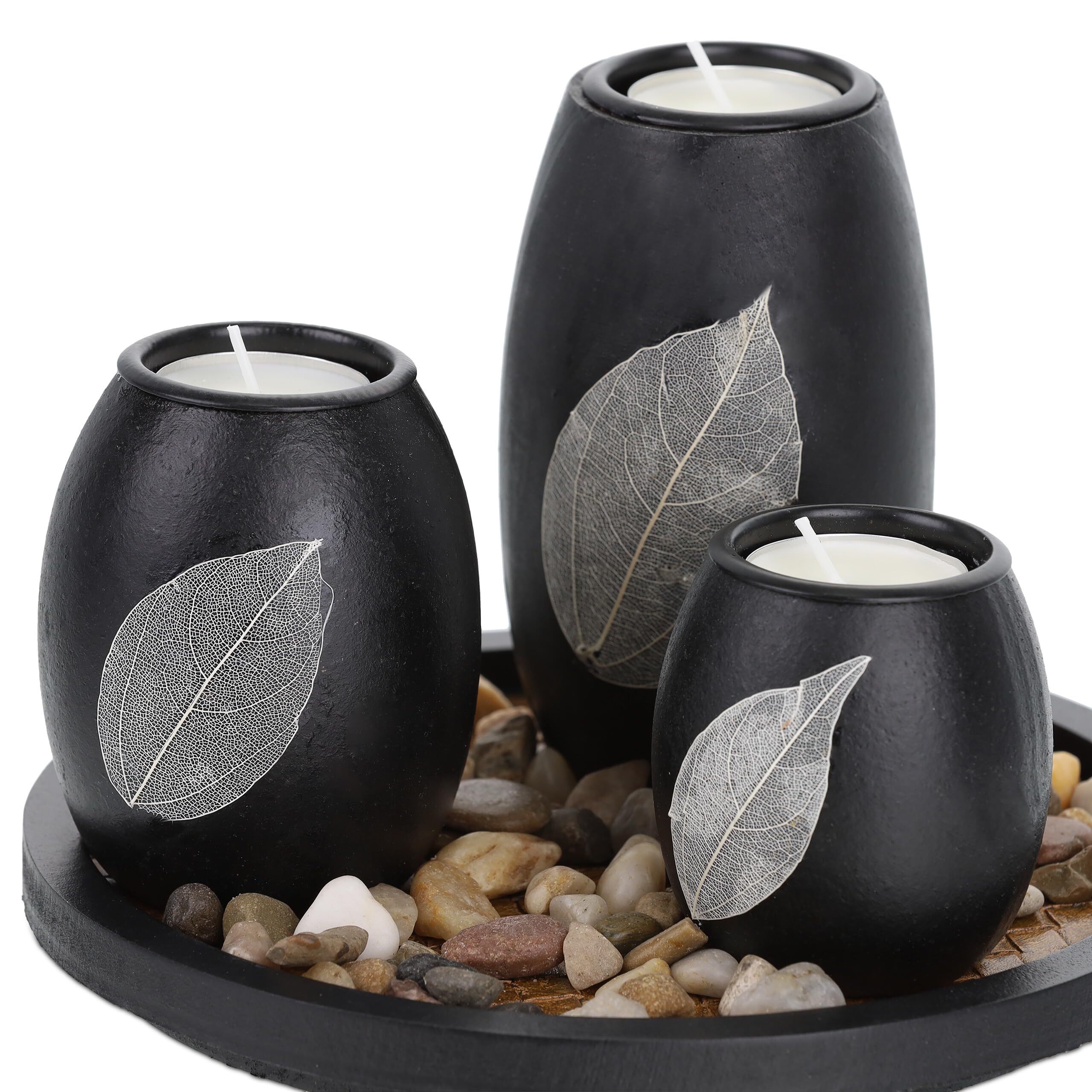 Relaxdays Set Portavelas con Bandeja y Piedras Decorativas, Ø 19,5 cm, 3 Velitas, Decoración de Mesa, Negro/Marrón
