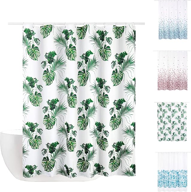 Home Treats Shower Curtain Mould and Mildew Resistant | Shower Curtain White Long | 180cm x 180cm 100% Polyester (Green Leaves, 1)