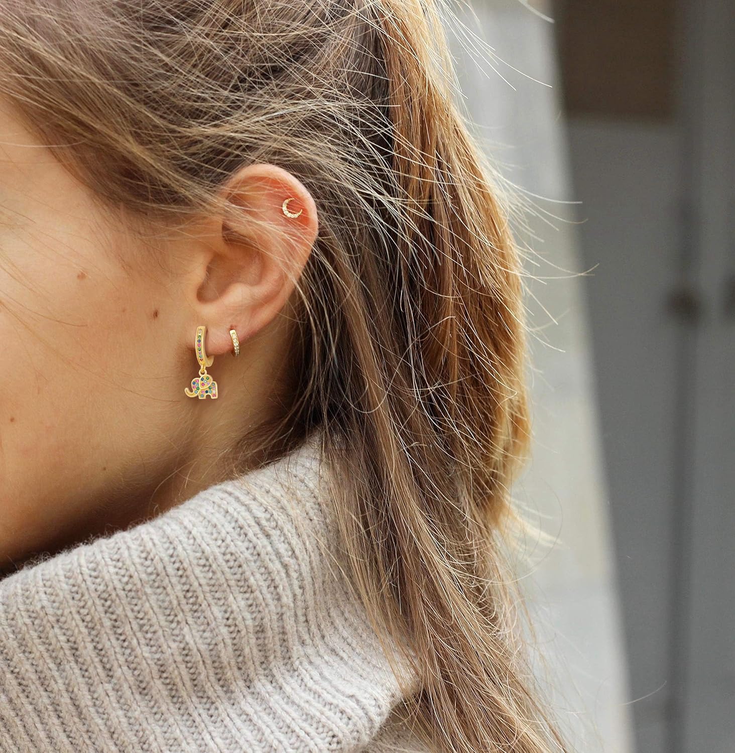 Hoop Earrings with Elephant Dangle Charms, Pave Multicolor Stone - Image 2