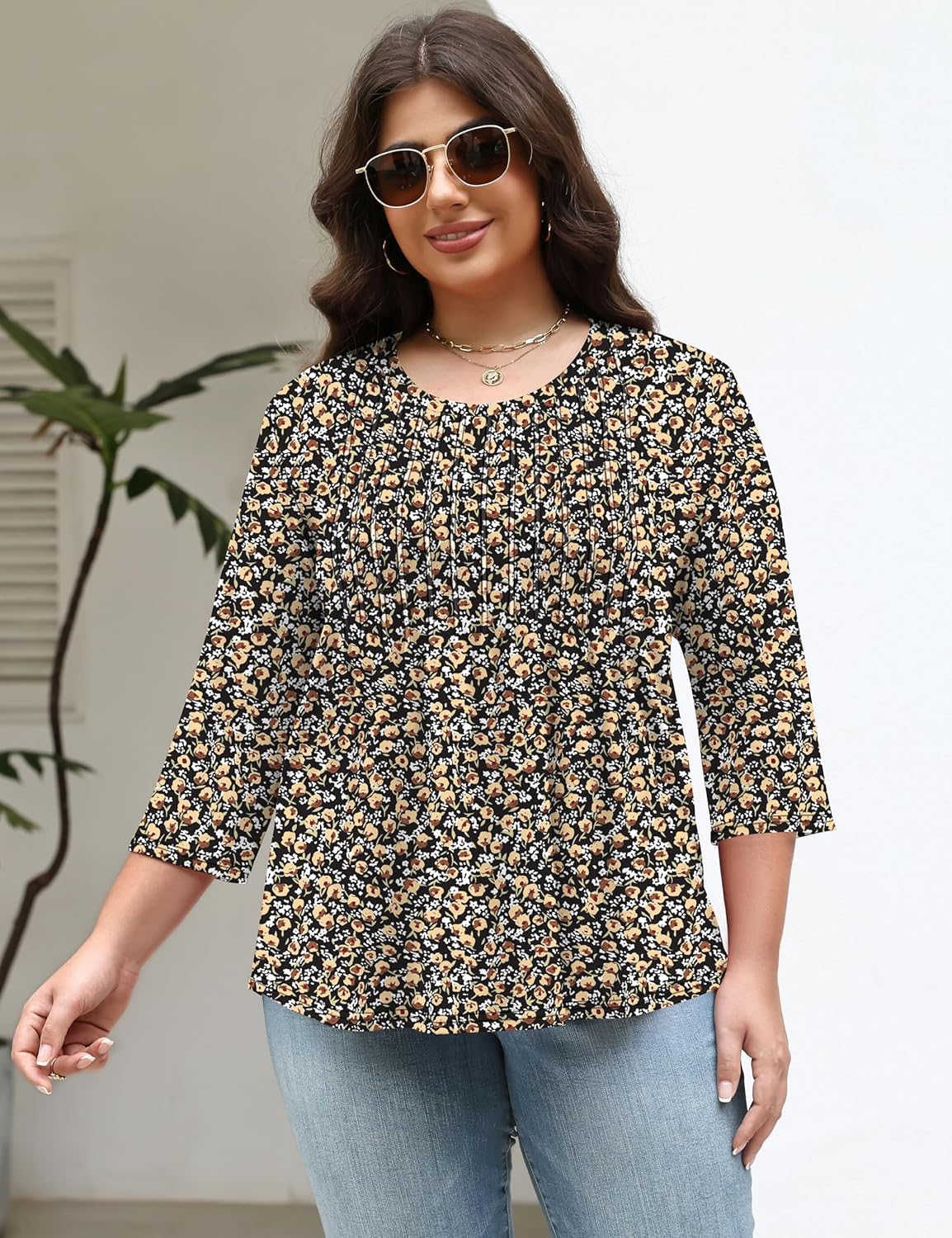 TFSDOD Womens Plus Size Tops 3/4 Length Sleeve Womens Tops Crewneck Pleated Boho Tunic Casual Shirts XL-5X - Image 2