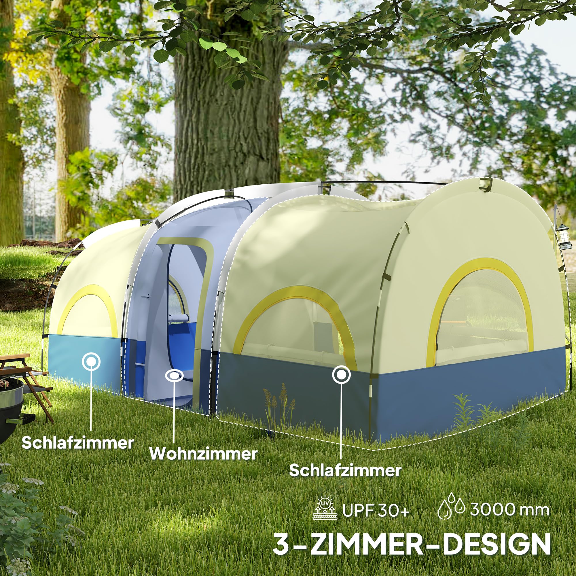 Outsunny Tunnelzelt, Campingzelt für 4 Personen mit 3 Raum, UV Schutz, Meshfenster, Winddichte Familienzelt mit Tragetasche, 3000mm Wasserabweisend groß Gruppenzelt für Garten, Camping, Blau