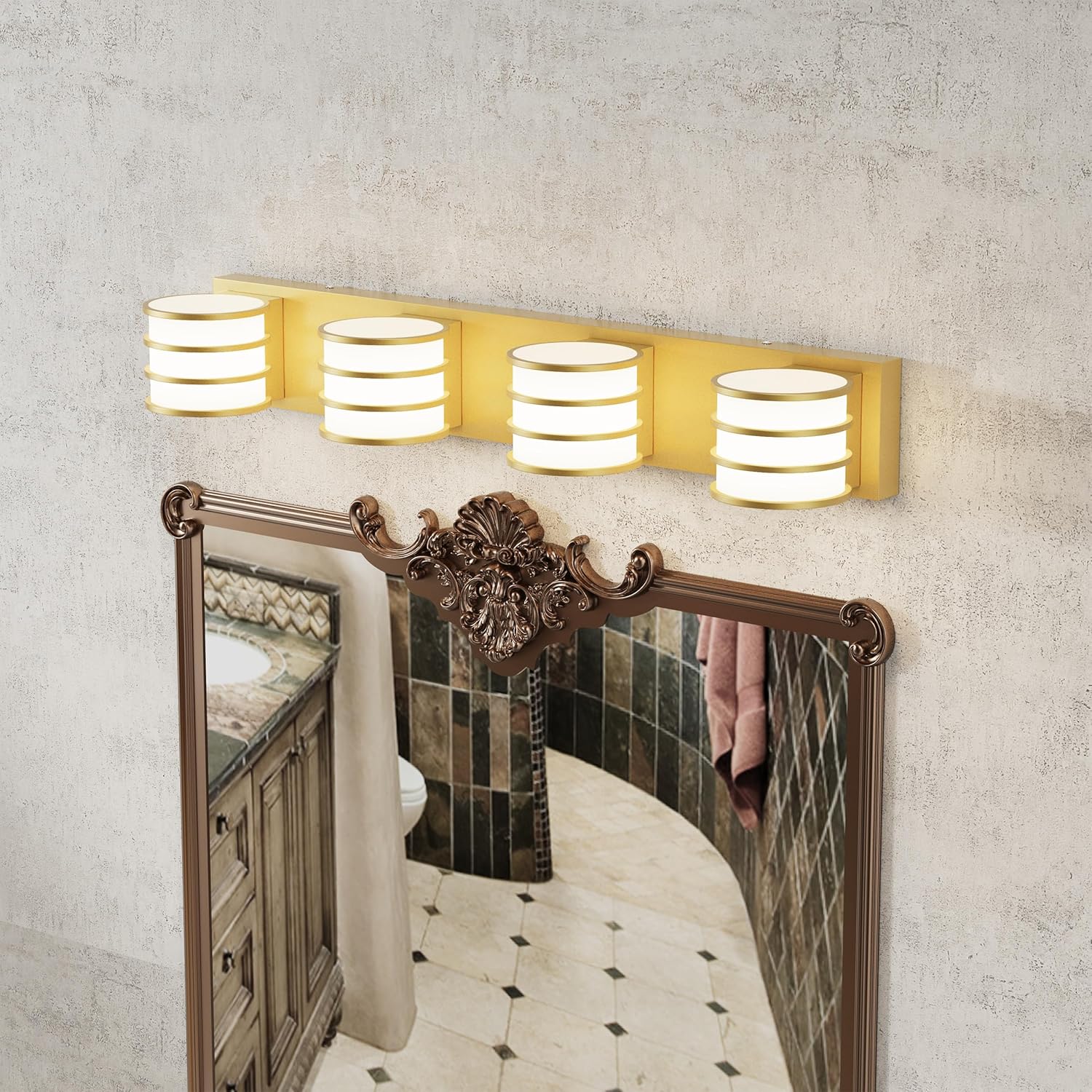 LED Bathroom Vanity Light - 28.4 Inch Gold 4-Light Fixture with White Acrylic Shades, 6000K Cool White, Mirror Lighting for Bathroom, Bedroom, Hallway, Living Room Wall Sconce