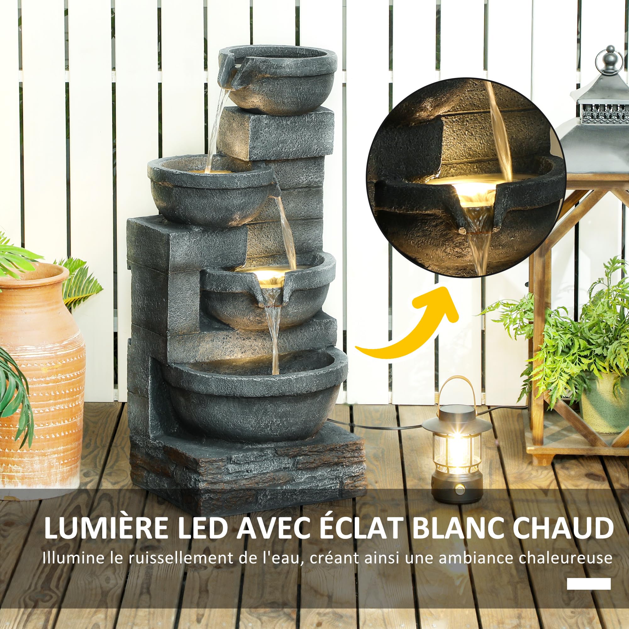 Outsunny Fontaine extérieure de Jardin, Fontaine en Cascade avec éclairage LED, décoration Jardin extérieure en résine à 4 Niveaux, Pompe Inclus, 38 x 35 x 78,5 cm, Gris