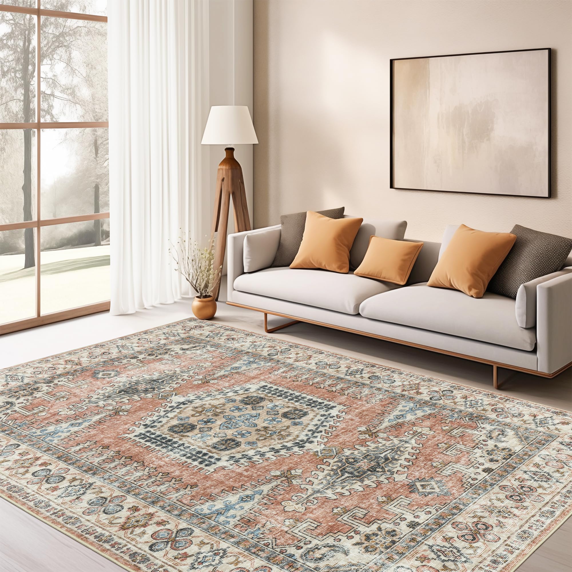 Valenrug Washable Rug 5x7 - Ultra-Thin Antique Collection Area Rug, Stain Resistant Rugs for Living Room Bedroom, Distressed Vintage Rug(Orange, 5'x7')