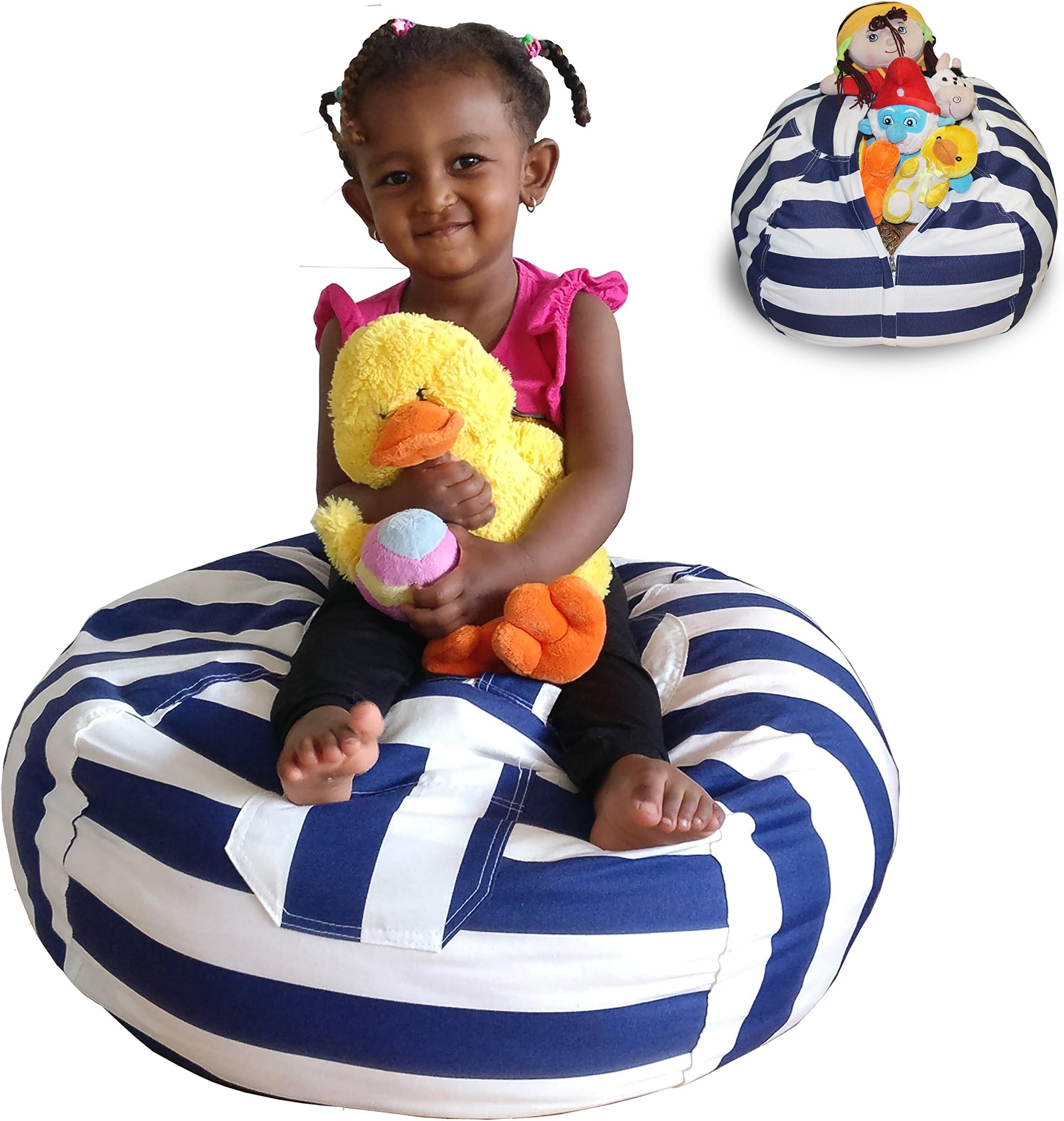 DaMeru European Made Lab Tested Large Stuffed Animal Storage Bean Bag Cover | The Ultimate Storage Solution to Clean Up & Organize Kid's Room | Free E-Book (Blue-Black/White)