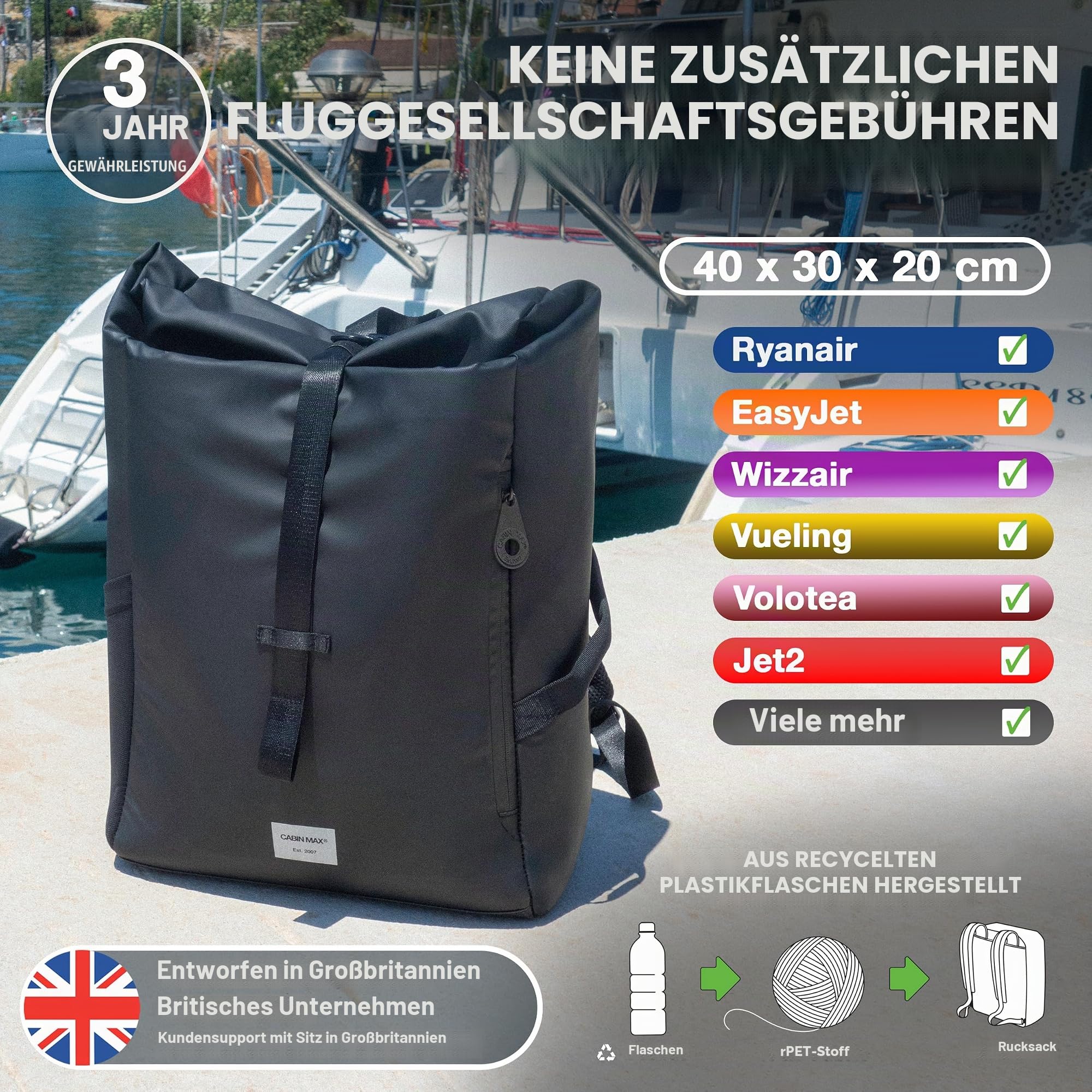 Cabin Max Handgepäck Rucksack Reiserucksack Ryanair Rolltop 40x30x20 24L