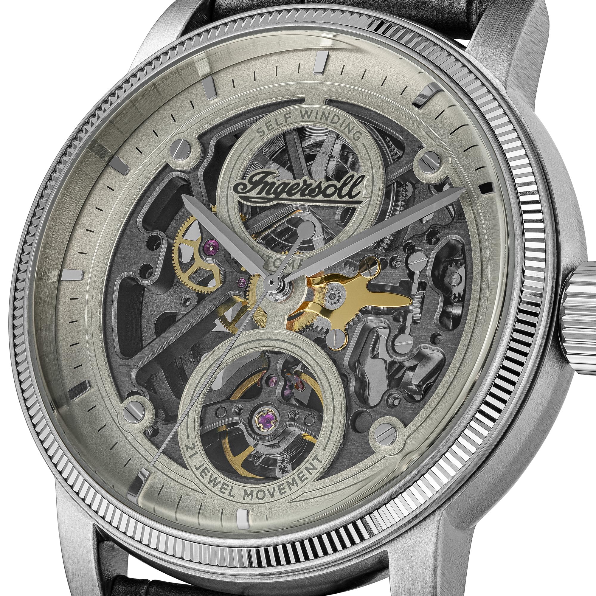 Ingersoll The Guy I17501 męski automatyczny zegarek 44 mm z szarą tarczą i czarnym skórzanym paskiem