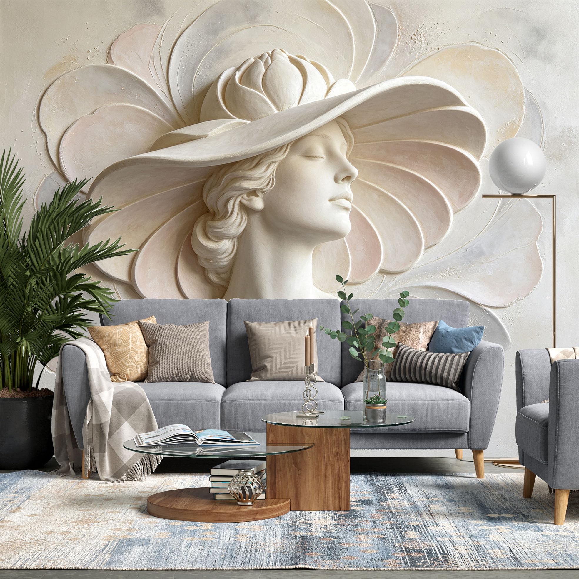 Papier Peint Intissé Fresque Murale Représentant Une Femme Élégante Coiffée D'Un Chapeau À Larges Bords Fleuri 200 x 140 cm Effet Photo 3D Moderne Décoration Fresque Murale pour Salon et Cham