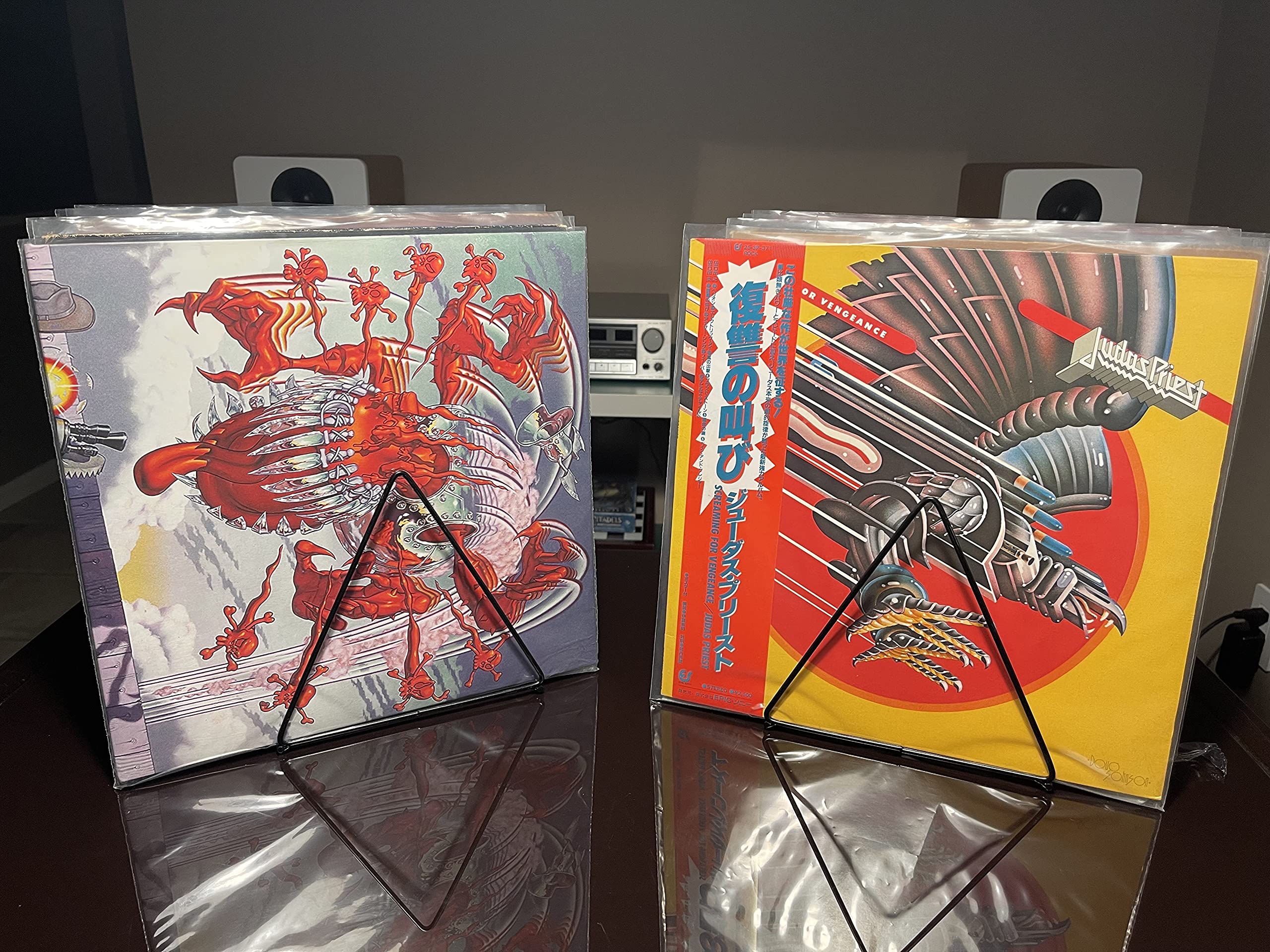 Skywin Confezione da 2 supporti triangolari in vinile, contiene fino a 60 album, supporto per dischi in vinile in metallo, per esporre i tuoi album preferiti, riviste e giornali, organizer da
