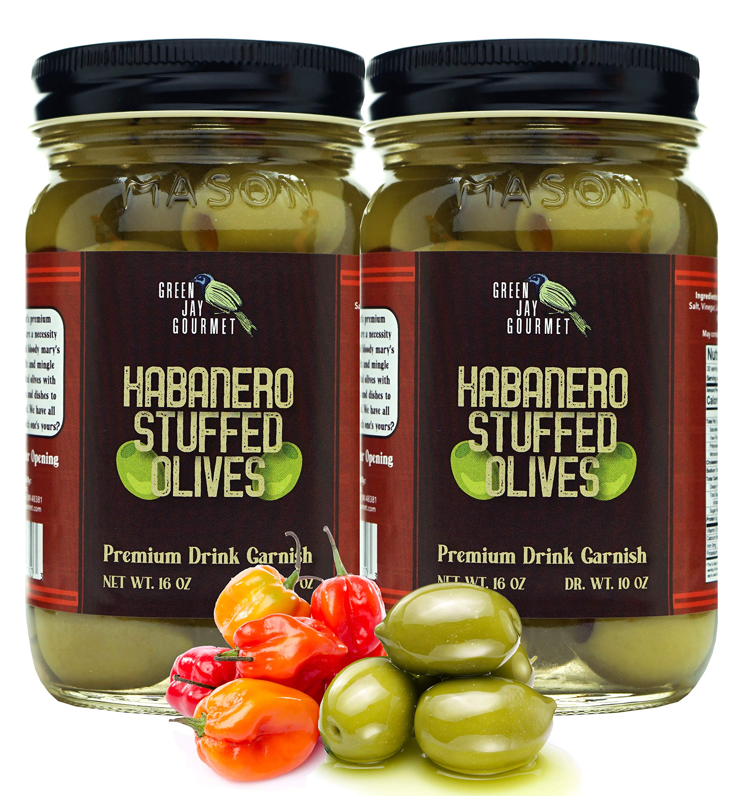 Habanero Stuffed Olives – Stuffed Green Olives for Cocktail Garnish & Cheese Board Recipes – Dirty Martini Olives & Cocktail Olives – Gourmet Olives – All Natural – Large – 2 x 16 Oz