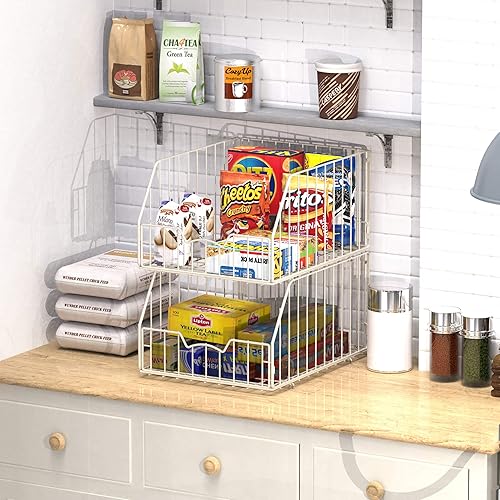 Miniatura 5 de Simple Houseware Paquete de 2 cestas apilables de alambre de rejilla, color blanco, 13 pulgadas