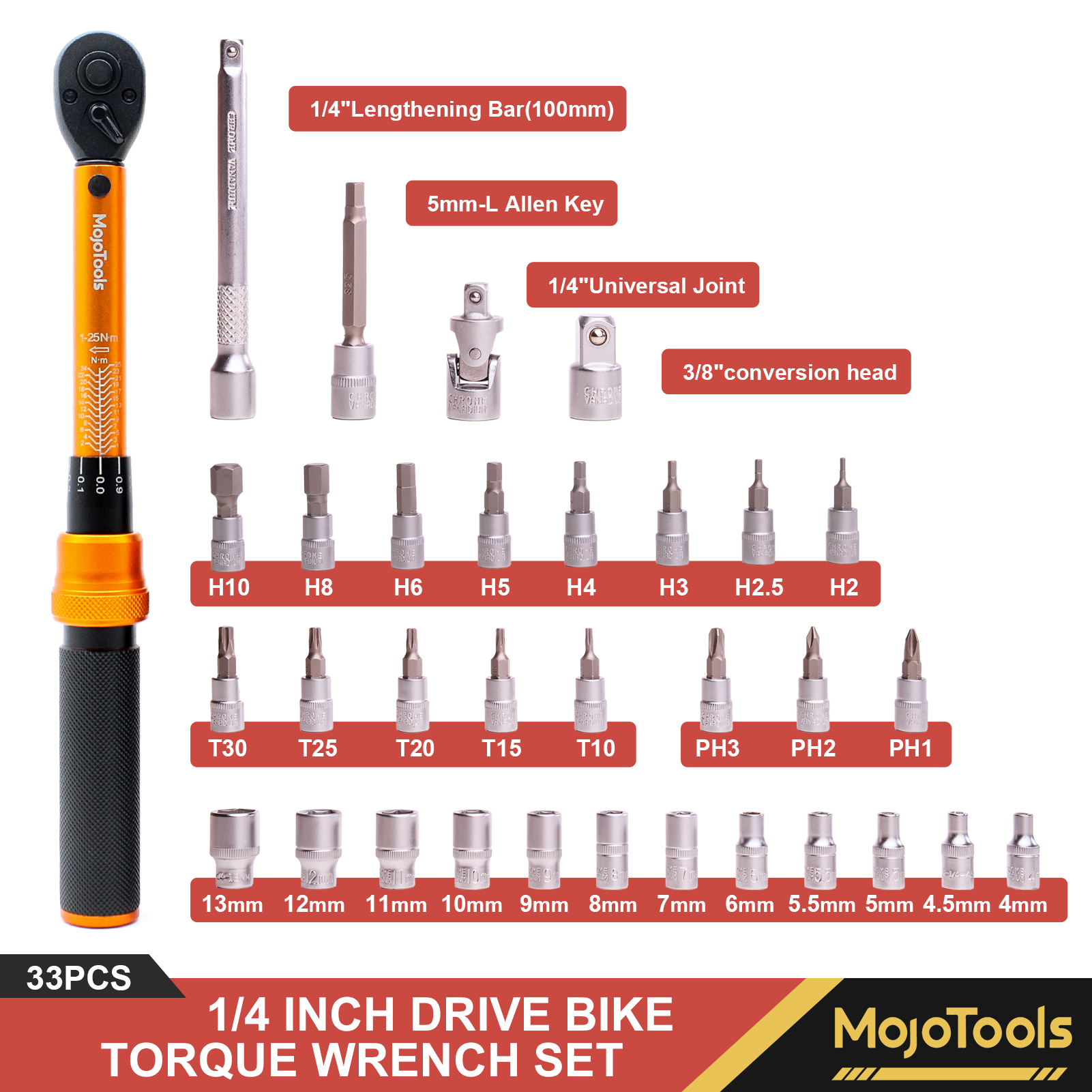 MoJoTools 1/4 Inch Drive Bike Torque Wrench, 1-25 Nm (10