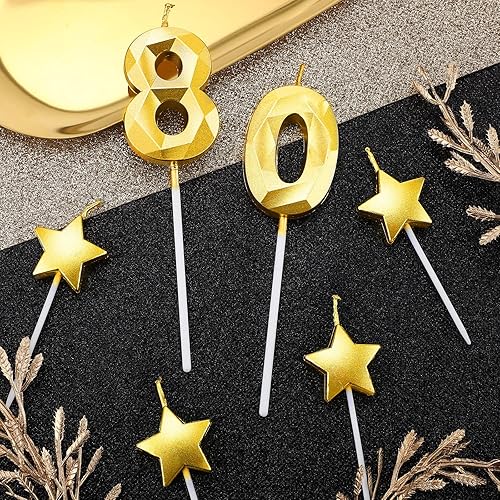 Miniatura 7 de Roowest 6 velas doradas de cumpleaños número 80 con purpurina número 80, velas de cumpleaños con estrella 3D, decoración para mujeres y hombres,