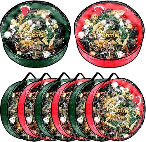 Dunzy 8 bolsas de almacenamiento para coronas de Navidad, contenedor de guirnalda para coronas, de tela resistente a desgarros, cajas redondas con