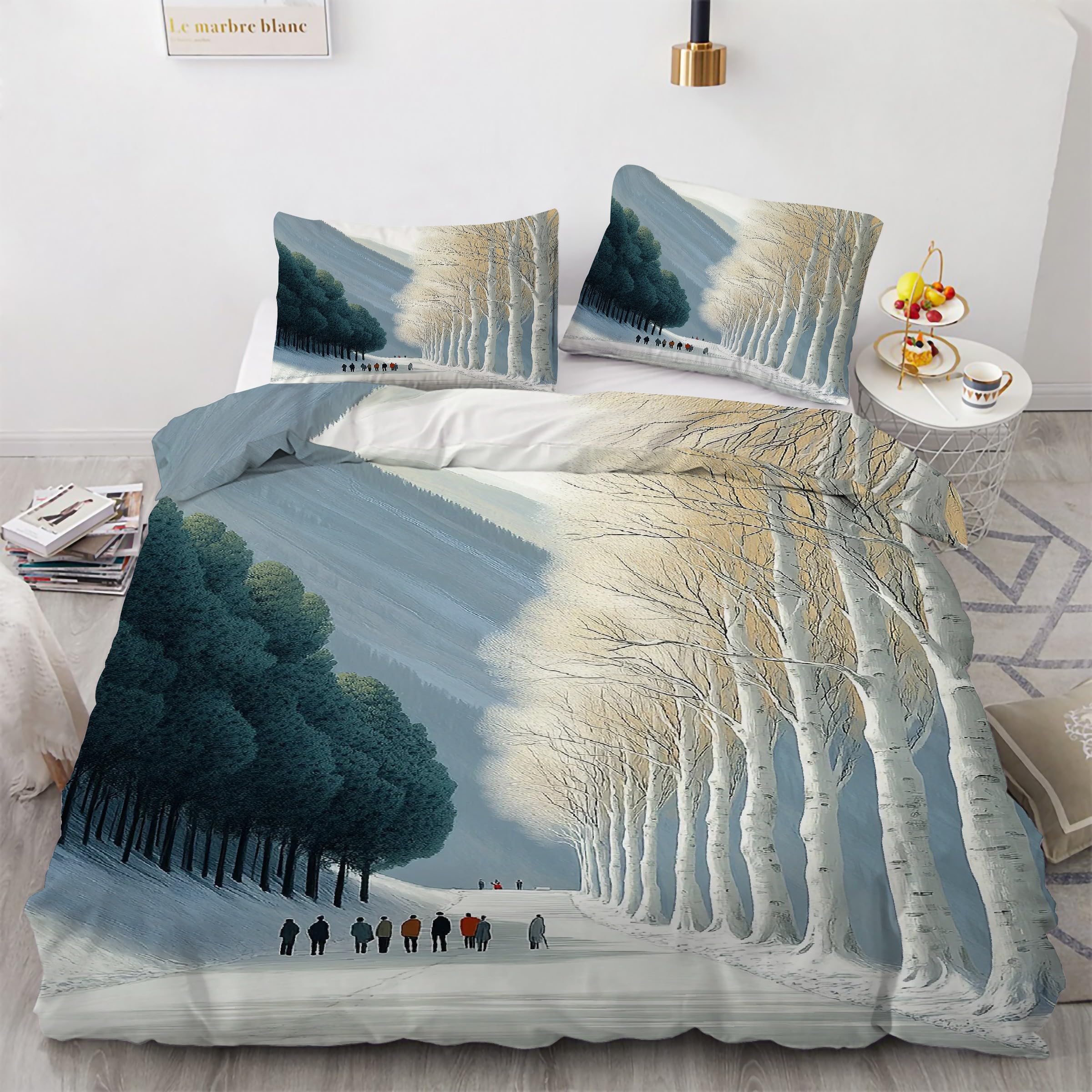 Parure de lit 90x190 neige avec housse de couette montagnes et taies d'oreiller en microfibre