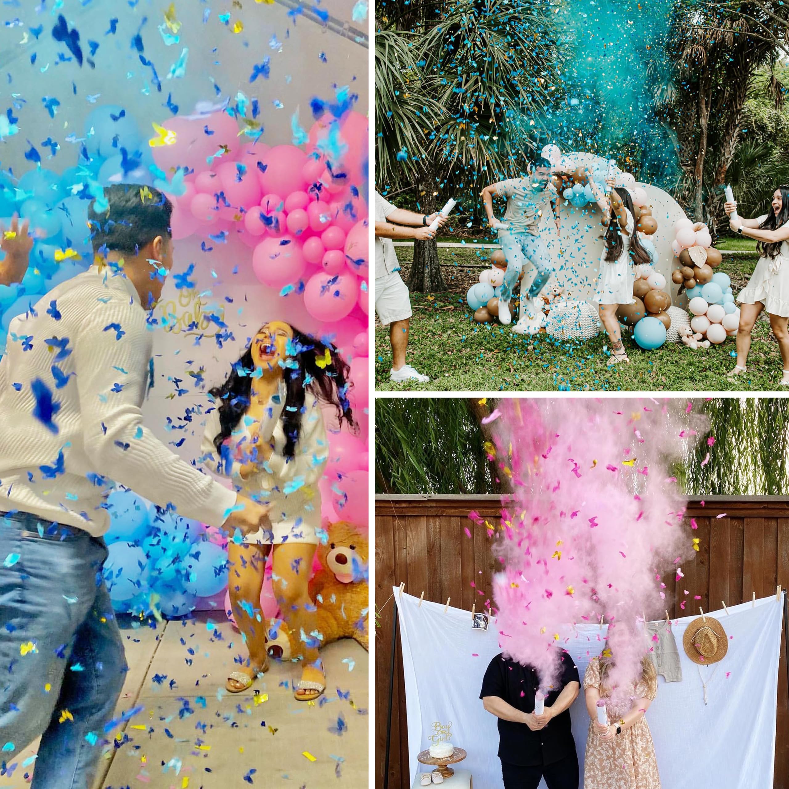 PrimePure Gender Reveal Konfettikanone, Rosa-Blaue Schmetterlinge, 4er-Pack