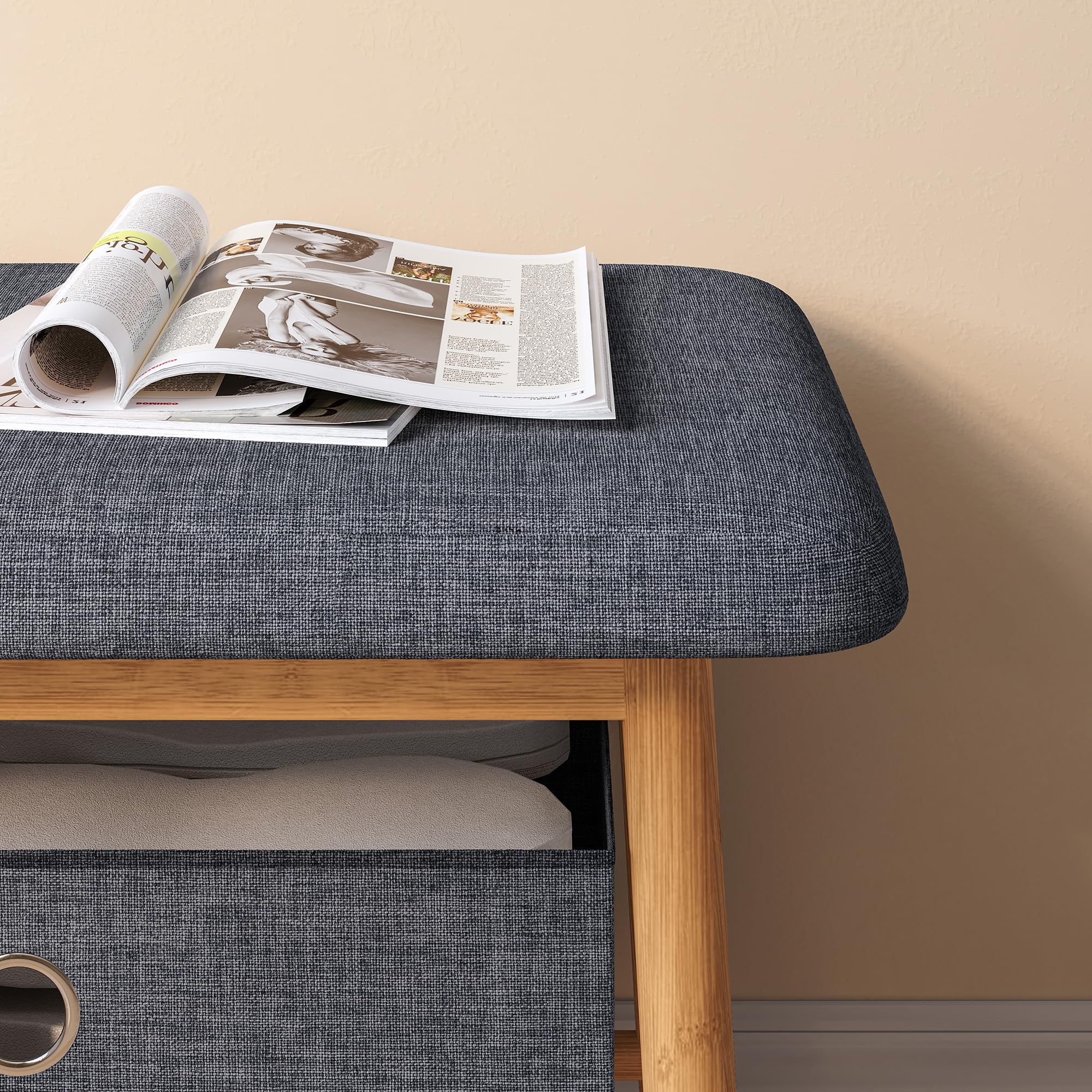 [en.casa] Panca da Scarpe con 2 Contenitori Scarpiera con Seduta Imbottita e 2 Scatole Porta Oggetti Scarpe Borse per Ingresso Corridoio 90 x 30 x 45 cm - Bambù Naturale/Grigio