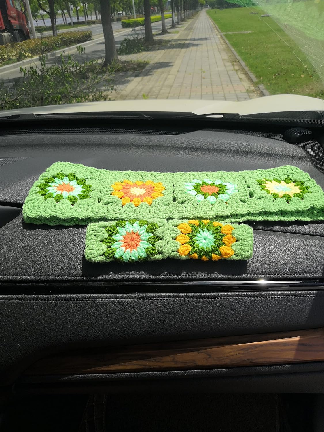 YDM Handmade Crochet Steering Wheel Cover,Sunflower Crochet Steering Wheel Cover, Steering Wheel Cover for Women Girl (Steering Wheel Cover+2 Belt Cover)