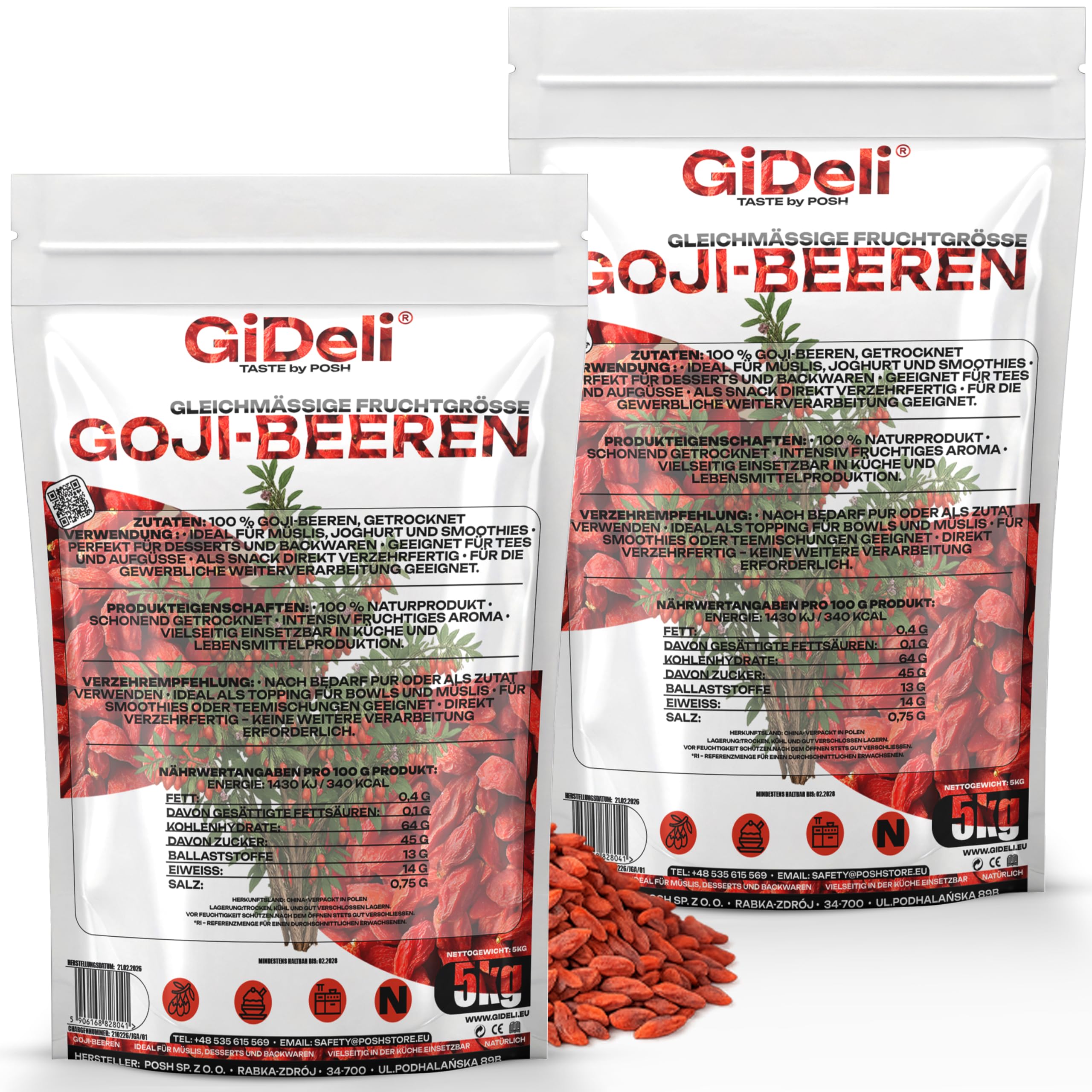 Gideli Goji Beeren 2 x 5kg- Natürliche Zutaten Ohne Zucker und Ungeschwefelt - Getrocknete Früchte ideal für Müsli, Haferbrei, Joghurt und Backwaren - Trockenobst Reich an Vitaminen und Antioxidantien