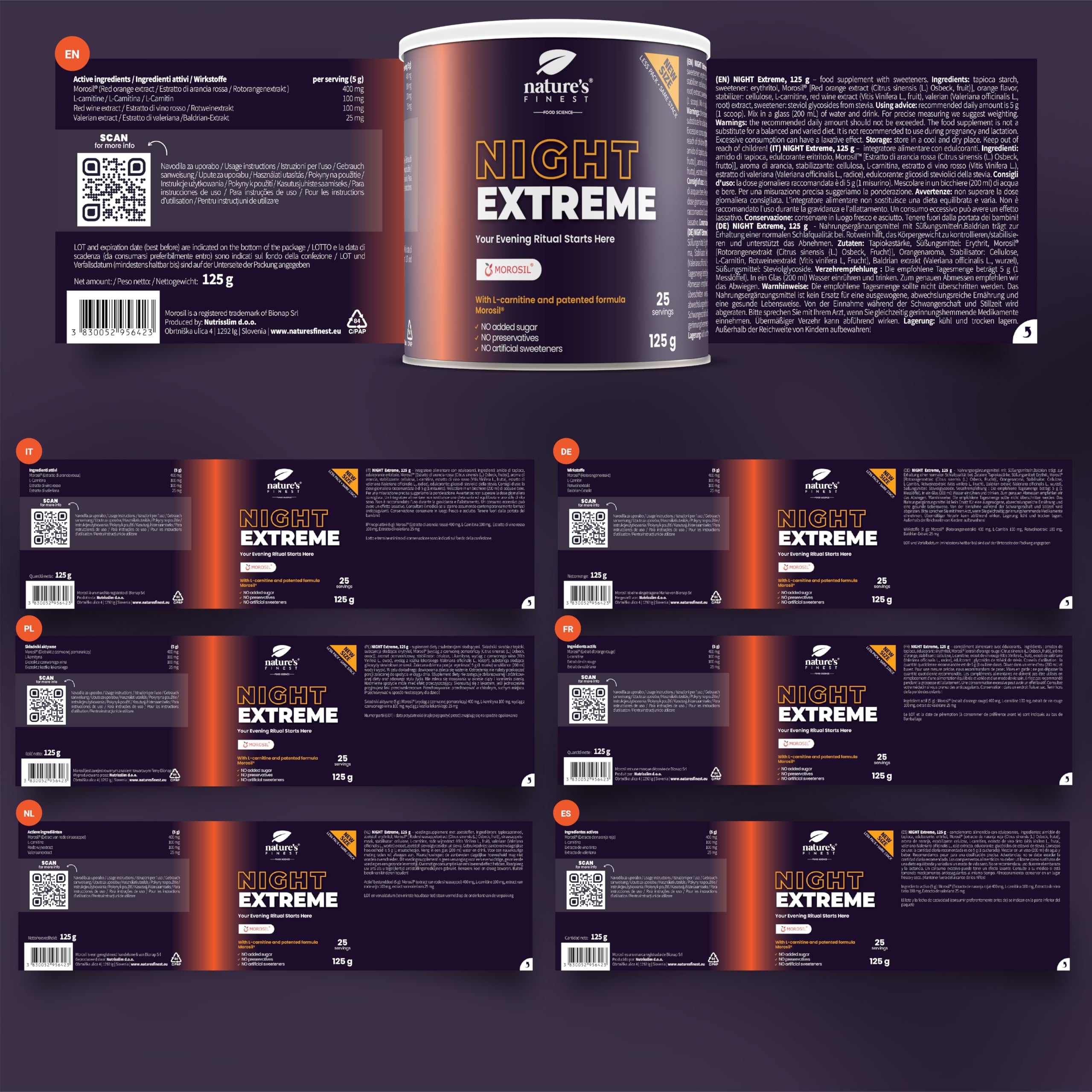 Nature’s Finest Night Burn Extreme - Bevanda Serale in Polvere con Morosil Arancia Rossa, Valeriana ed Estratto di Vite Rosso - 125g, Formula Vegana Senza Glutine