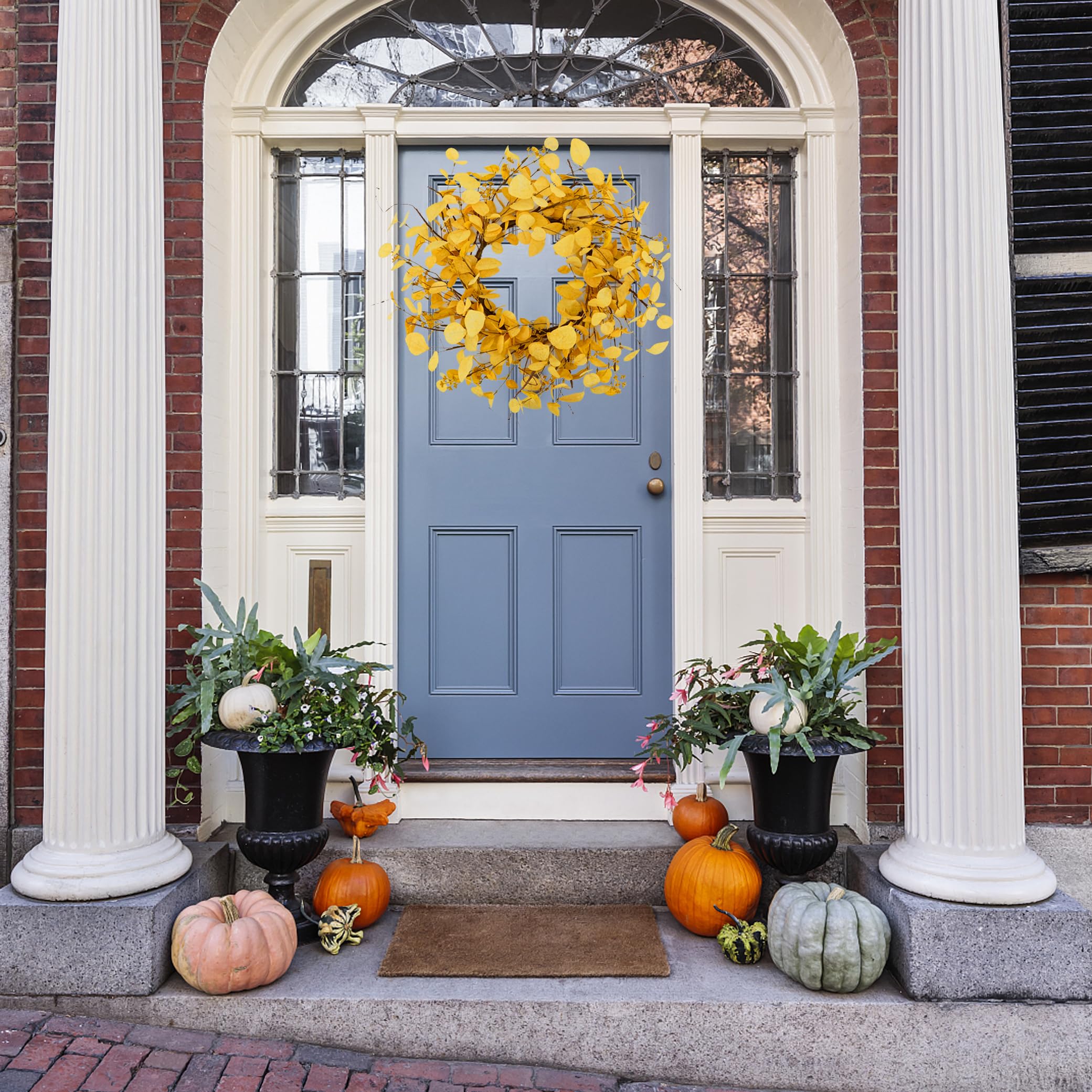 20 inch Artificial Fall Eucalyptus Wreath for Front Door with Yellow Eucalyptus Leaves,Dry Vine Branches for Front Door Indoor Outdoor Farmhouse Home Wall Window Festival Decor