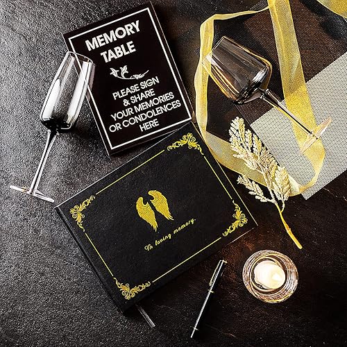 Miniatura 5 de OIAMTO Libro de invitados funerario, tapa dura con memoria amorosa, para servicio conmemorativo, cubierta de cuero dorado en relieve, letrero de