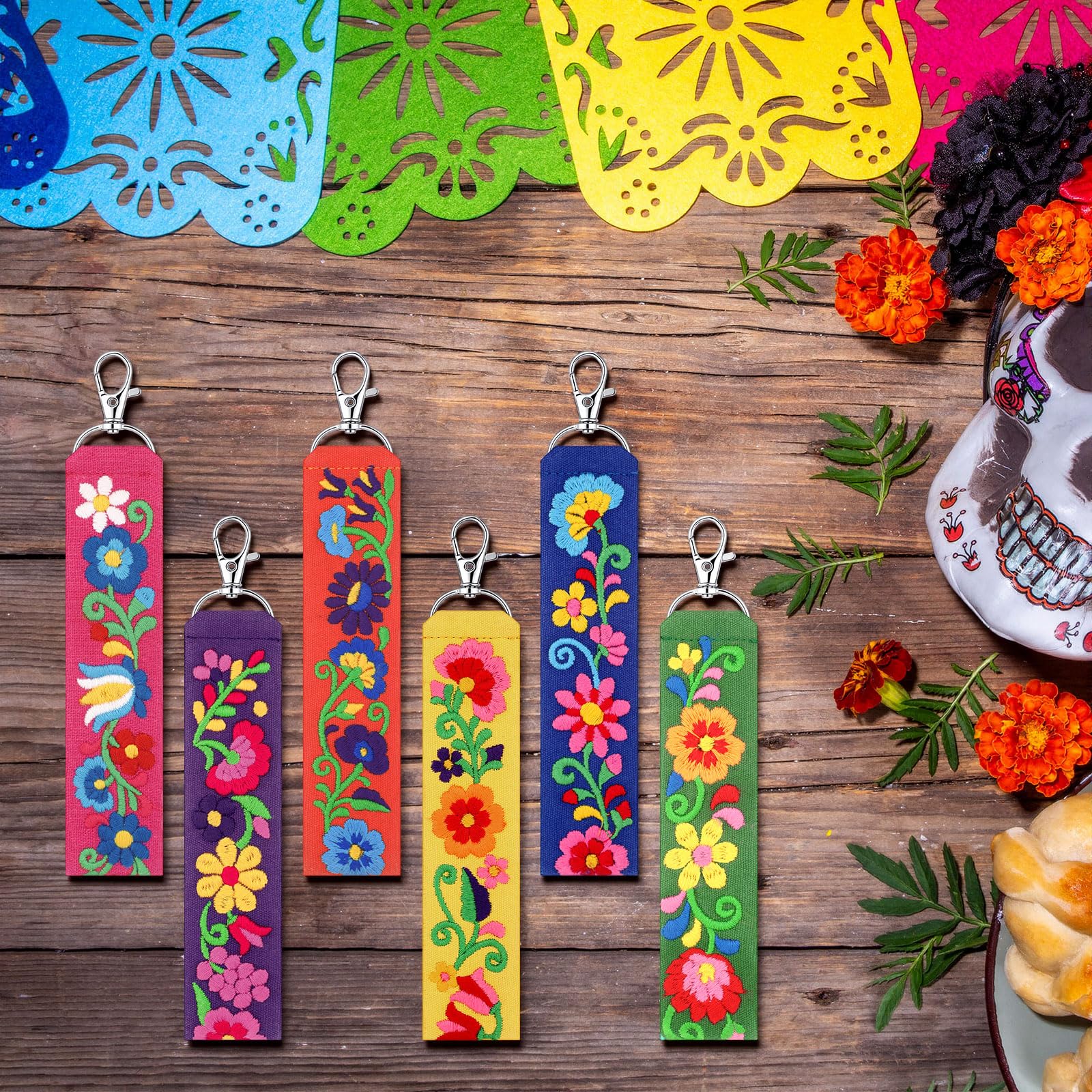 Kigeli 12 Pcs Mexican Floral Embroidery Keychain Set, Vibrant Color Polyester Fabric Keychain & Zipper Pull, Mexican Gift for Women Men, Day of The Dead, Purse Backpack Car Keys