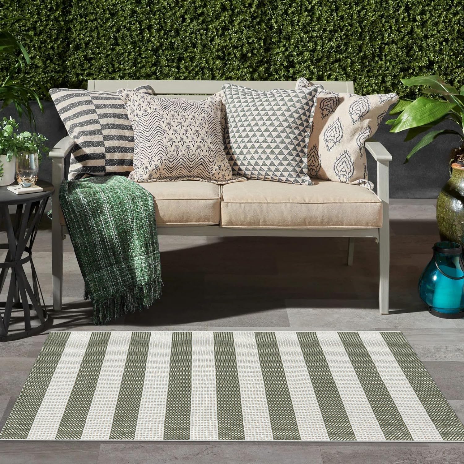 LEEVAN Outdoor Patio Rug 3x5, Washable Striped Front Porch Mat, Spring Colorful Outside Entryway Rug, Woven Welcome Doormat Green and White Buffalo Backyard Layered Mat for Entrance/Go Away/Deck