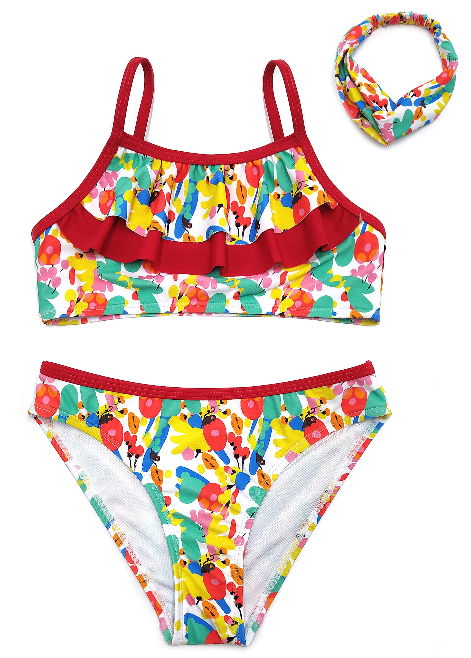 SHEKINI Bikini de Tres Piezas para Niñas Conjunto de Diadema Correas Espaguetis con Volantes Bikini de Cintura Baja Pantalones Traje de Baño de Leopardo Dulce Bikini