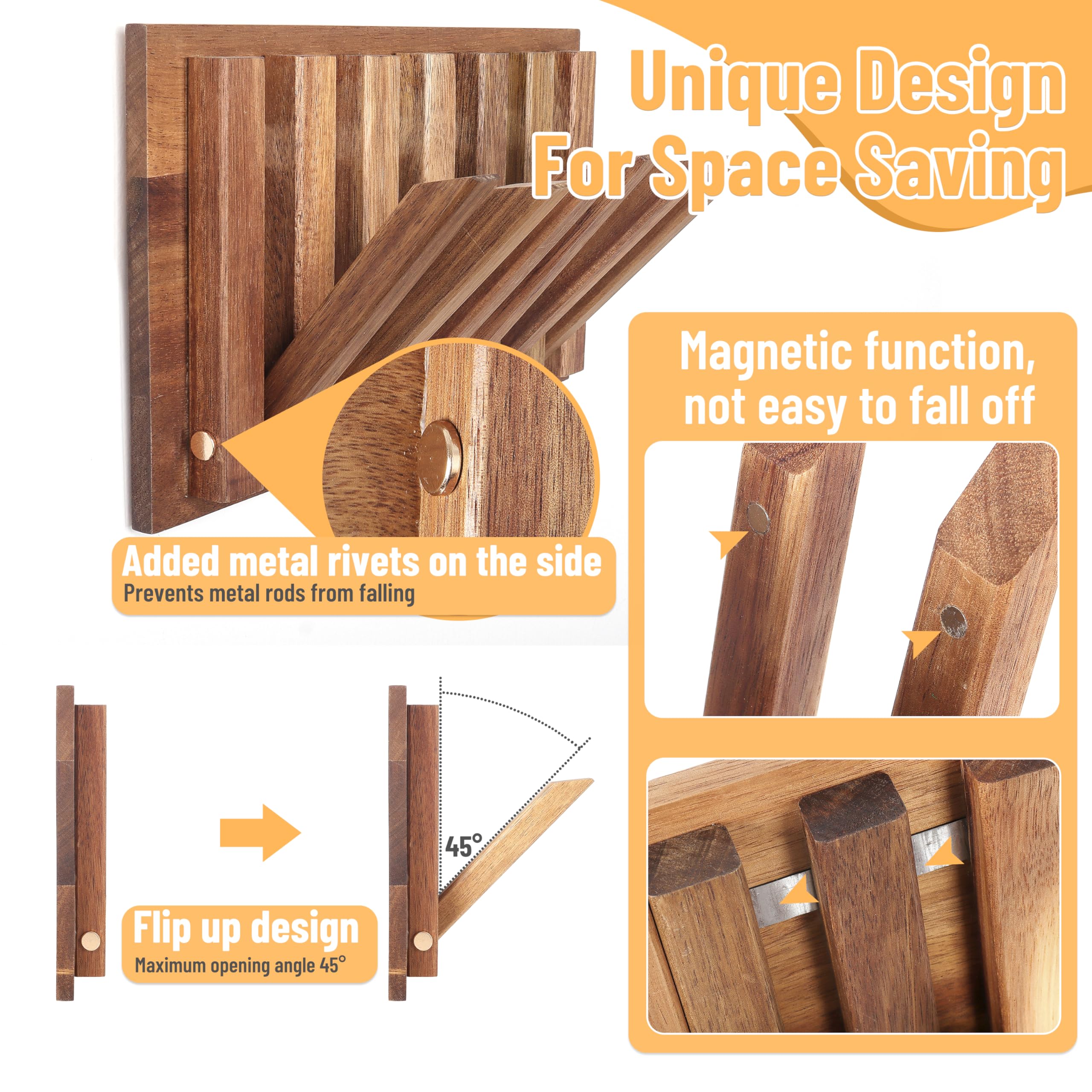 Perchero de pared para casa de campo: madera rústica con 6 ganchos, montaje retráctil de 26,4 cm, montado en la pared para espacios pequeños, entrada, pasillo, baño, para colgar chaqueta,