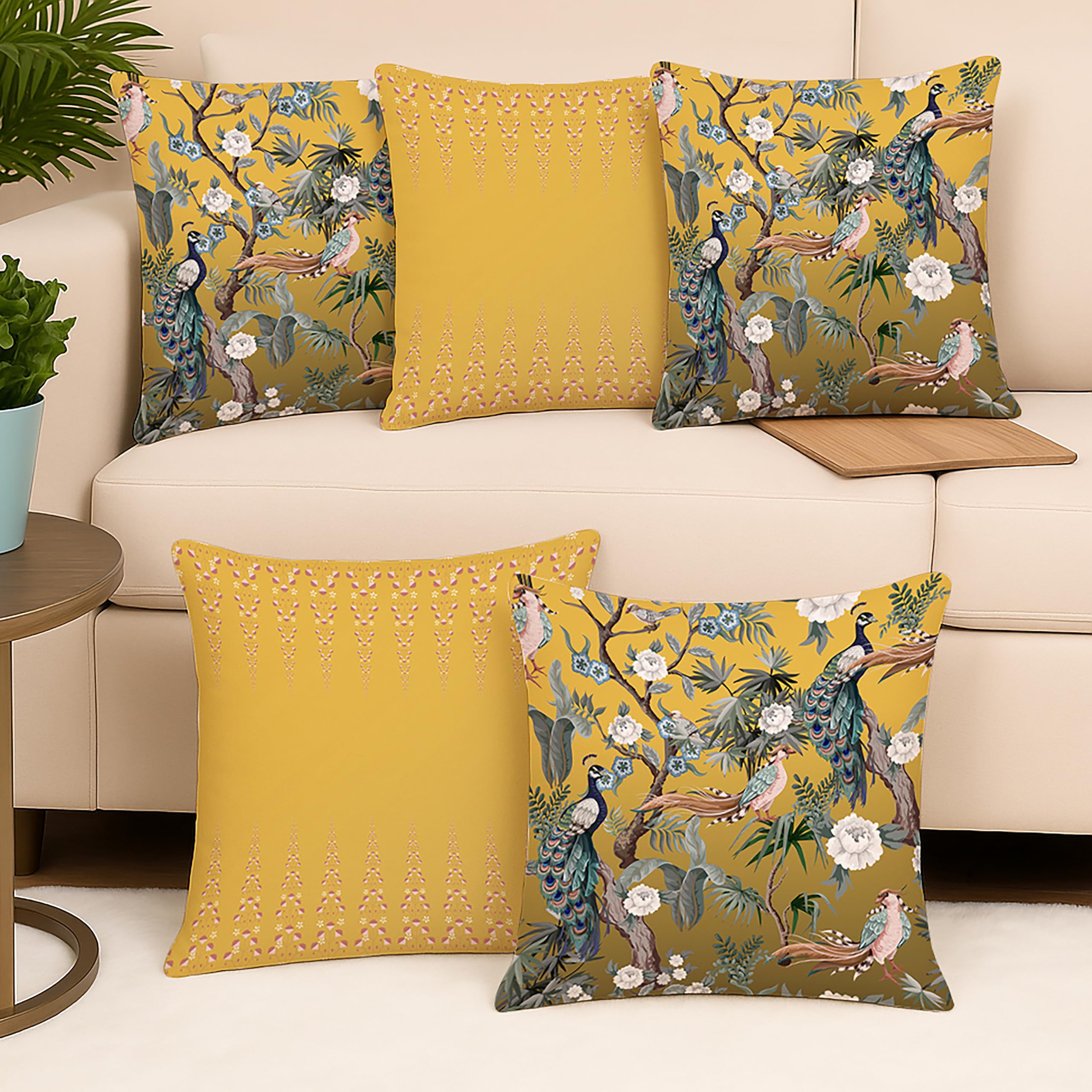 Amazon Brand - Umi Mustard Yellow Peacock Printed Polycotton Cushion Covers | Decorative Square Throw Pillow Cases for Sofa, Living Room & Bedroom | Set of 5 (18 x 18 Inches)