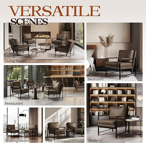 Miniatura 9 de Yaheetech Sillón de piel sintética, silla retro de ocio con acolchado y cojín extrasuave, moderna silla de lectura con marco de metal negro para