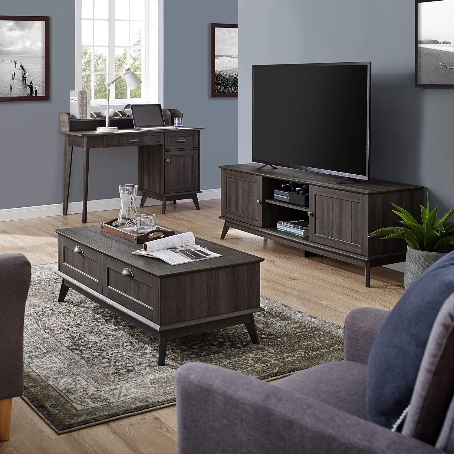 Newport Series Home Office Writing Computer Desk With Hutch| Storage Drawers and Cabinet | Sturdy and Stylish |Easy Assembly | Laptop PC Workstation | Smoke Oak Wood Look Accent Living Room Furniture