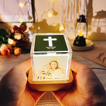 Personalized Photo Cube Lamp - Custom Multi Picture Name Frame Acrylic Magic Cube LED Night Light Home Decor Father's Day Birthdays Gift for Mom Dad Family Friends (Cross Pattern)
