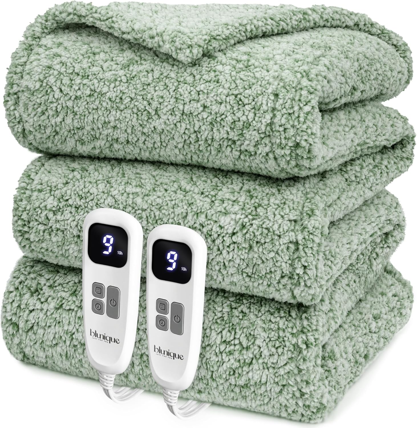 Heated Blanket Electric Blanket King - Fast Heating Blanket Throw Dual Control Double Sided Sherpa with 6 Heating Levels & 1-10 Hours Auto Off, Mashine Washable, 90 x 100 Inches, Sage Light Sage King