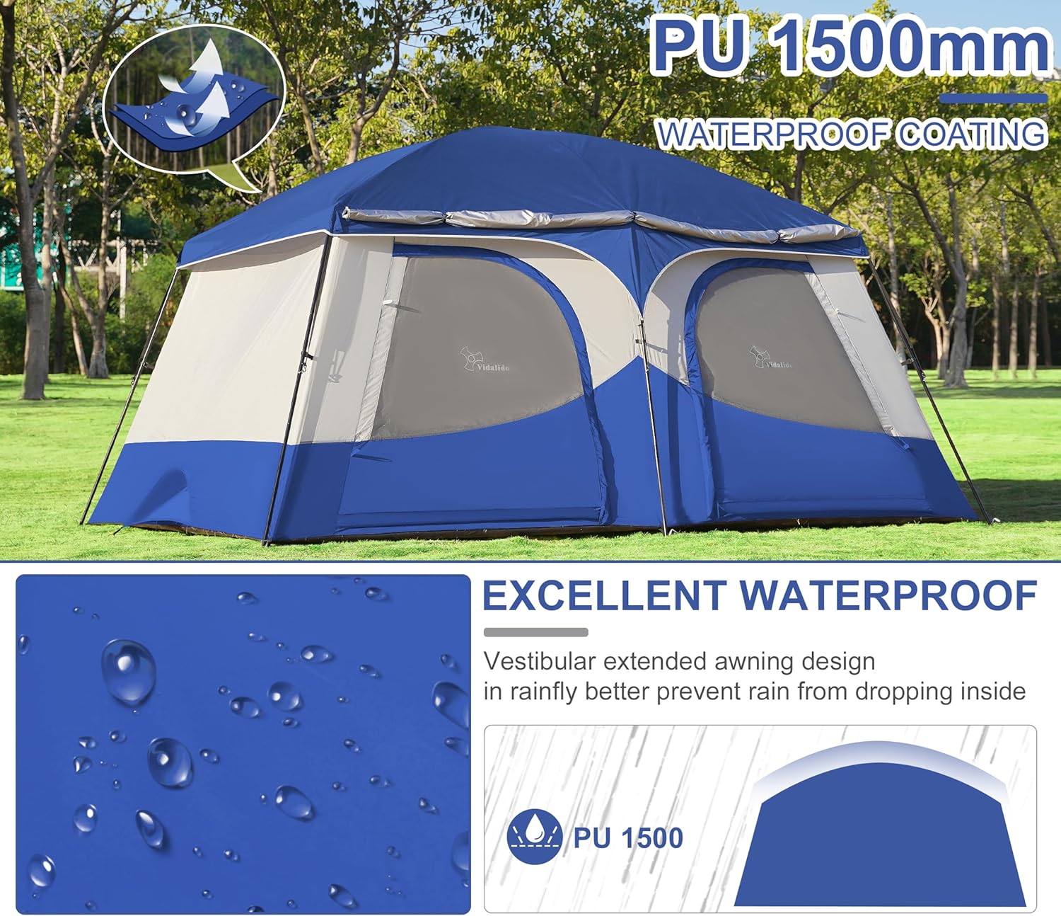 Vidalido Tents，8-10 Person Camping Tent with Extended Vestibule，2 Room Weather Resistant Family Tents，Easy Install Waterproof Outdoor Tent for Camping Hiking