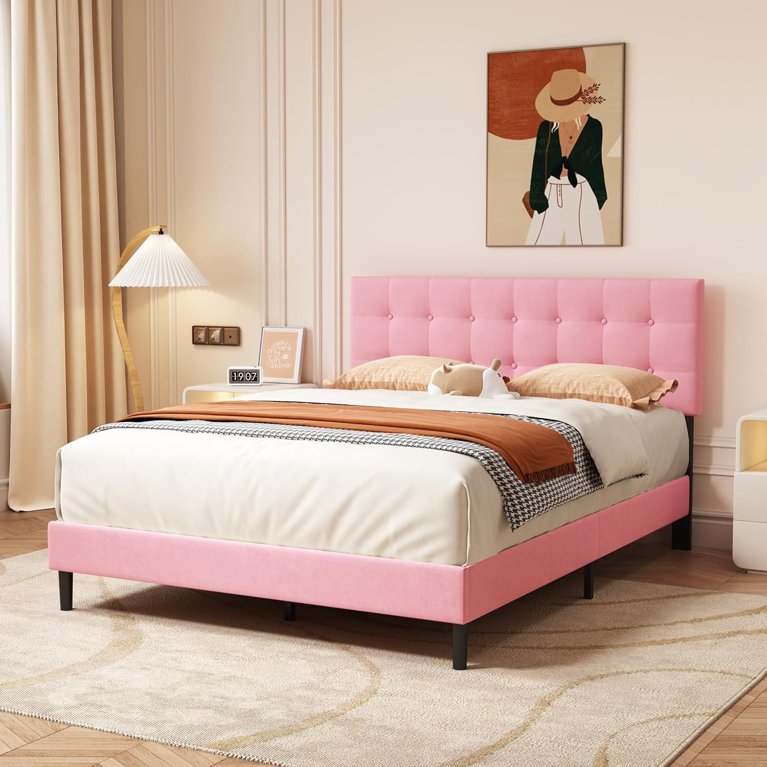 alazyhome Queen Size Upholstered Platform Bed Frame with Button Tufted Velvet Headboard Wood Slat Support Easy Assembly No Box Spring Needed Pink
