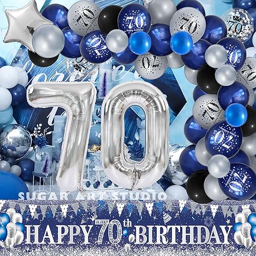 Miniatura 10 de Decoraciones de fiesta de cumpleaños 40, azul marino, plateado, pancarta de feliz cumpleaños 40 con 61 globos de látex, globos de aluminio con el