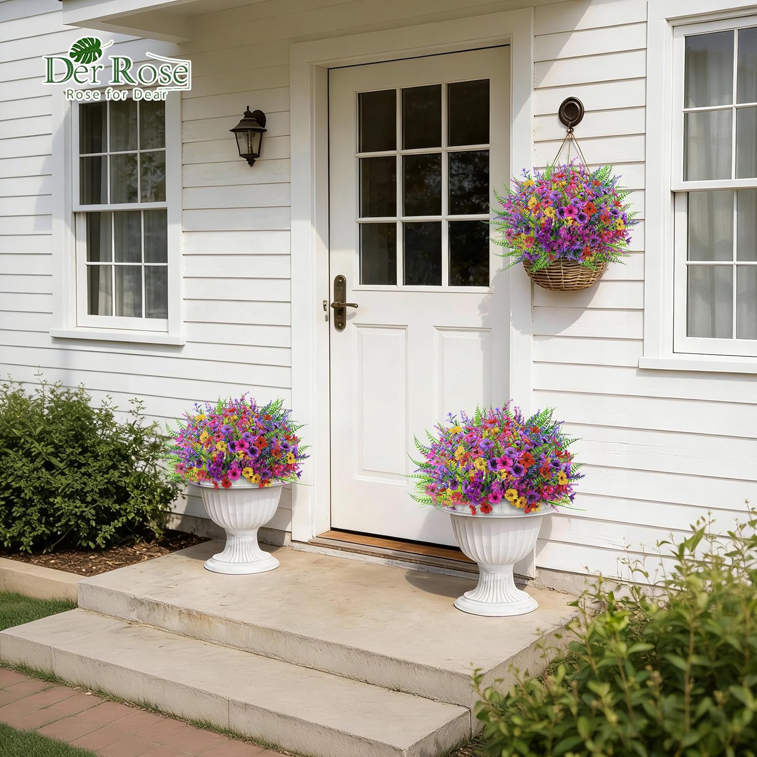 Der Rose 24 Bundles Fake Flowers Spring Artificial Flowers for Outdoors, UV Resistant Silk Flowers for Garden Patio Porch Farmhouse Home Decor (Colourful)
