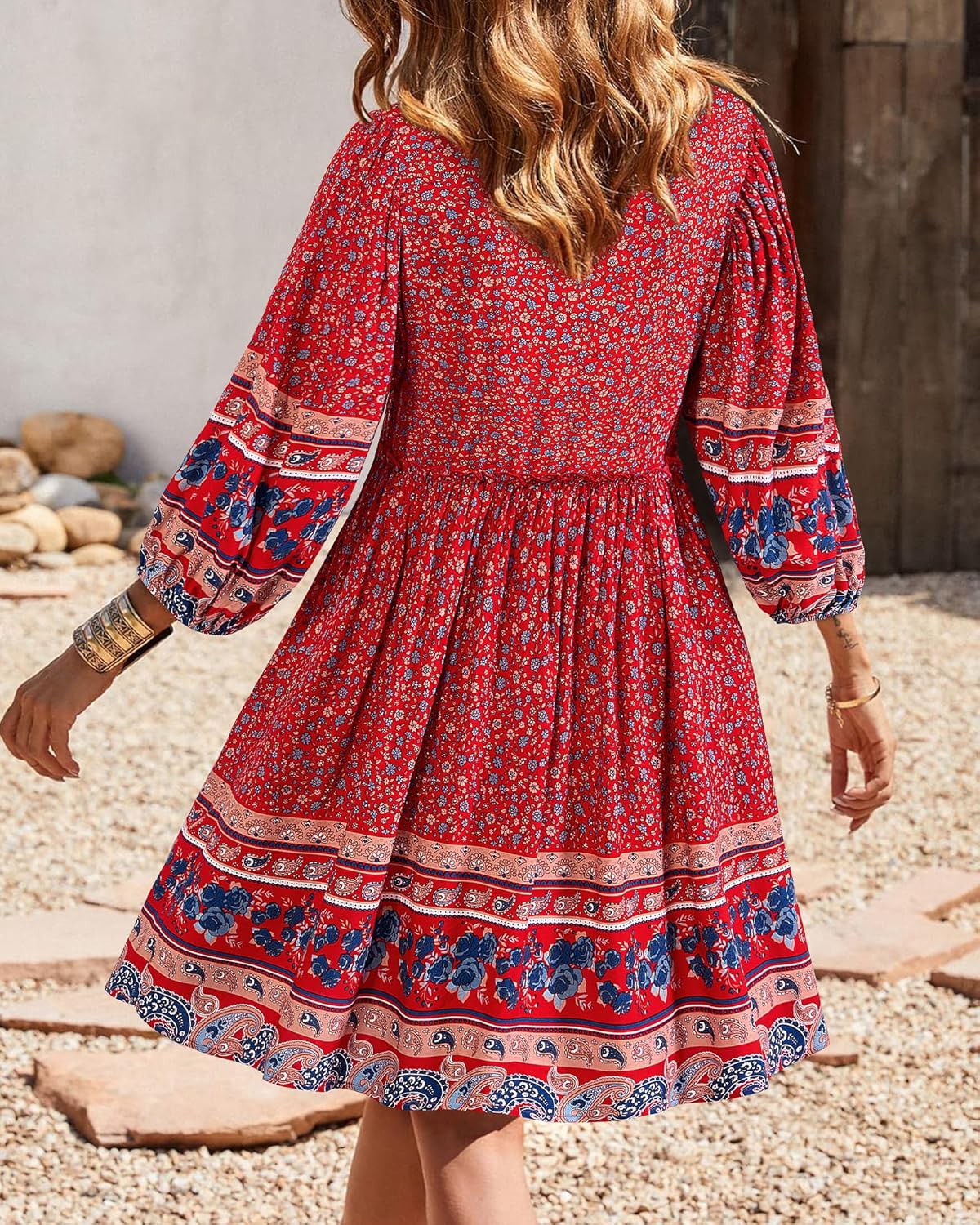 BTFBM Women Casual Spring Summer Dresses V Neck 3/4 Long Sleeve Ruffle Floral Flowy Boho Babydoll Mini Short Beach Dress - Image 4