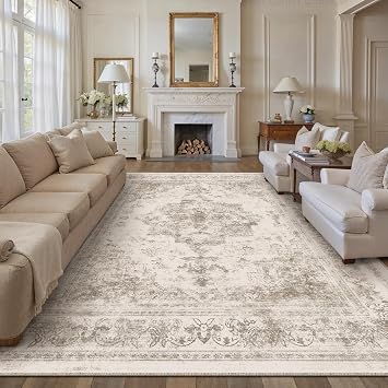 HUGEAR Vintage Beige Rugs Living Room Washable Non Slip Large Area Rug 240x300cm Bedroom Kitchen Hall Lounge Office Dining Room Indoor Carpet Low Pile Big Carpets