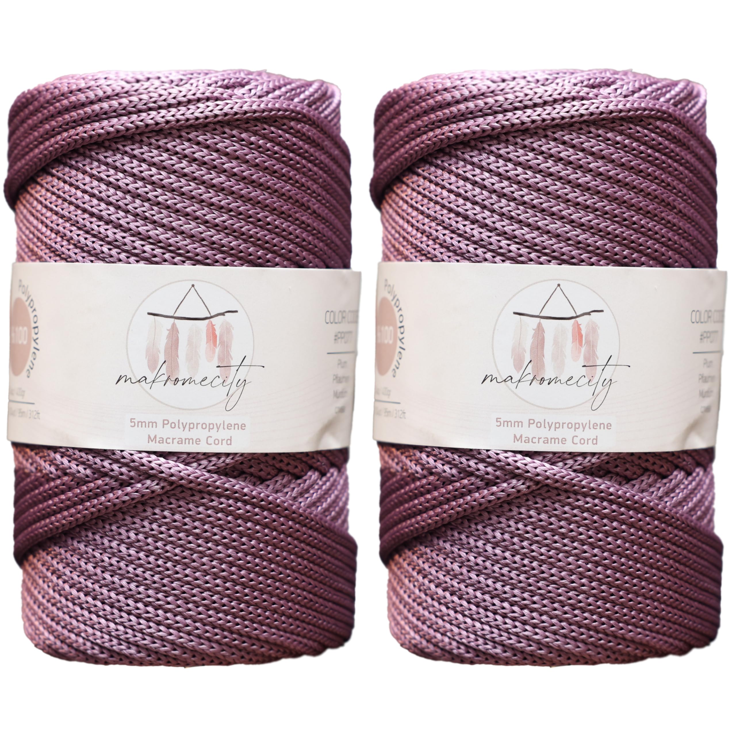 Makromecity, 2 Skeins of Polyester Macrame Cord 5mm x 104 Yards (311 feet) 5mm Polypropylene Plum Macrame Cord Crochet Macrame Bag Cord Crafts for