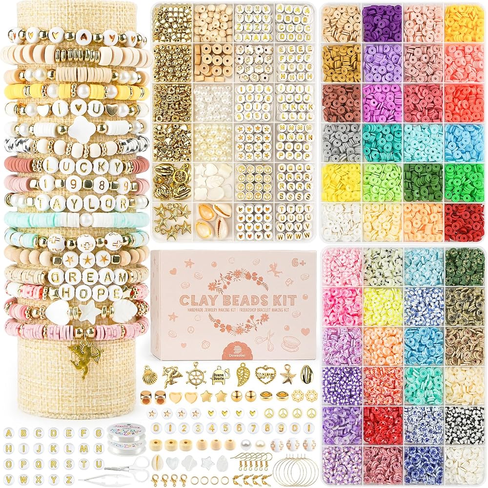 Dowsabel Kit de 3 cajas de cuentas de arcilla para hacer pulseras, 10800 cuentas para hacer joyas, cuentas de letras para pulseras de la amistad, manualidades y regalos para niñas y adultos