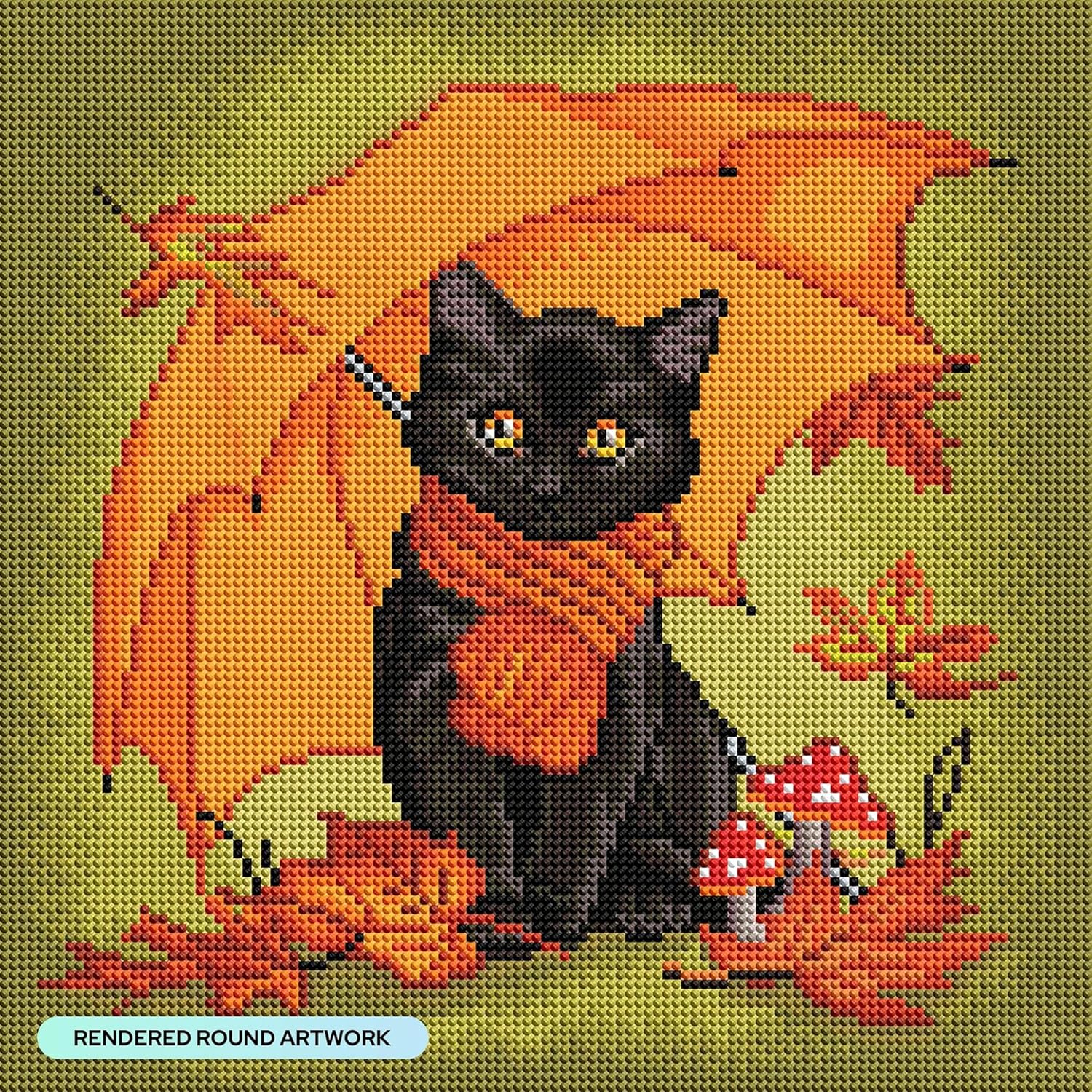 DIAMOND ART CLUB Under My Umbrella - Black Kitty Diamond Painting Kit, Fun DIY Crafts for Adults, Round Diamond Art Canvas, 13" x 13" (32.8 cm x 32.8 cm)