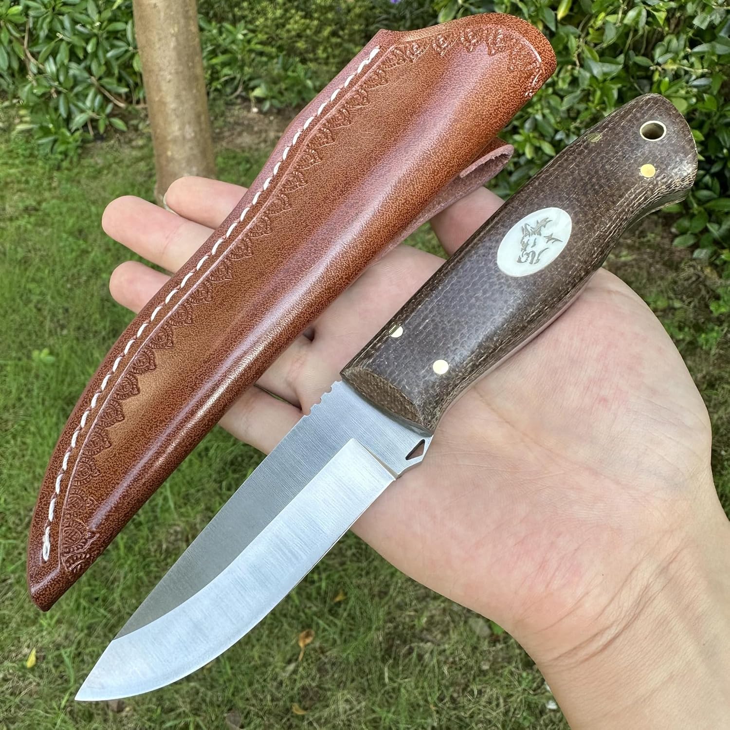 Fixed Blade Knife with Leather, 3.54" D2 Steel Survival Knives for Camping, Bushcraft, Hunting Ergonomic Flax Handle Outdoor Survival Gear Gift for Men